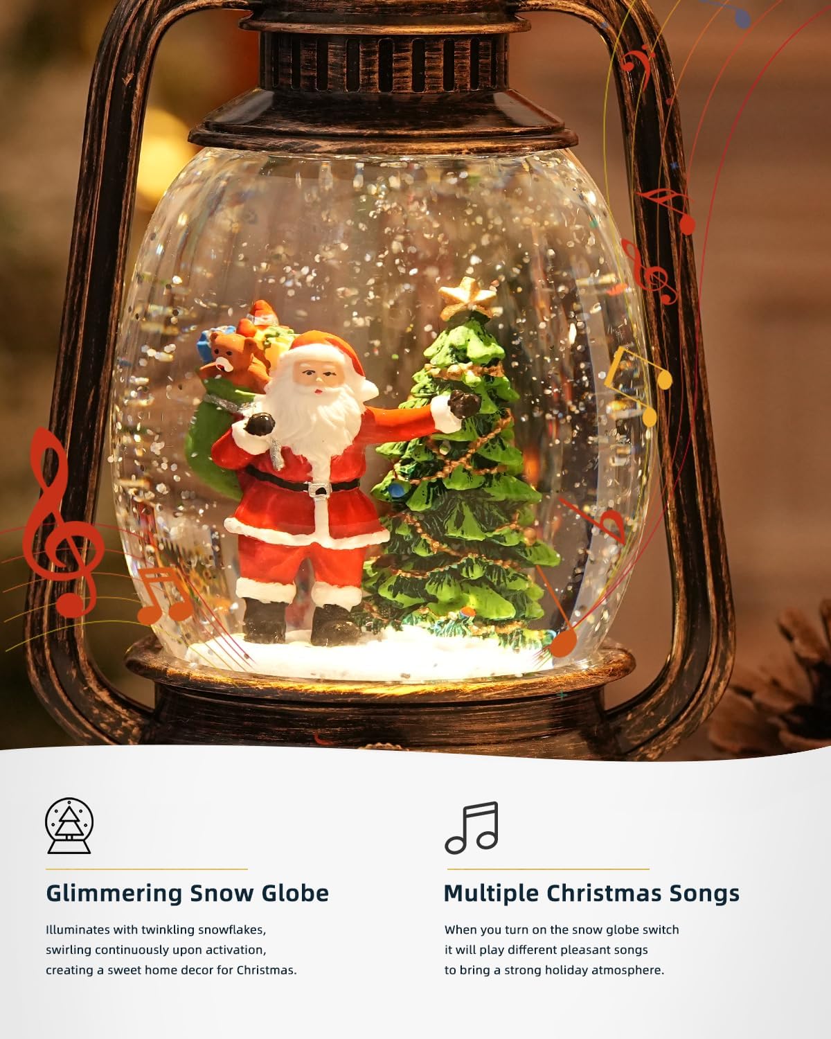 Christmas Decorations Indoor-Musical Snow Globe Christmas with 6H Timer,Santa Christmas Tree Lighted Scene Snow Globes Lantern USB or Battery Powered,Christmas Decorations Decor for Home