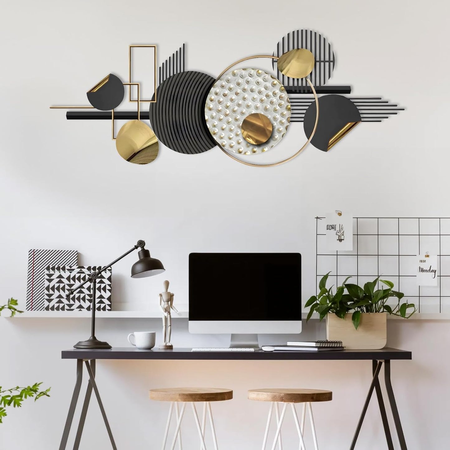 Lucky Monet Large Wall Decor for Living Room, Modern Metal Wall Art, 3D Textured Geometric Wall Sculpture 59"x24" Wall Hanging Decoration for Dinning Room Bedroom Entryway