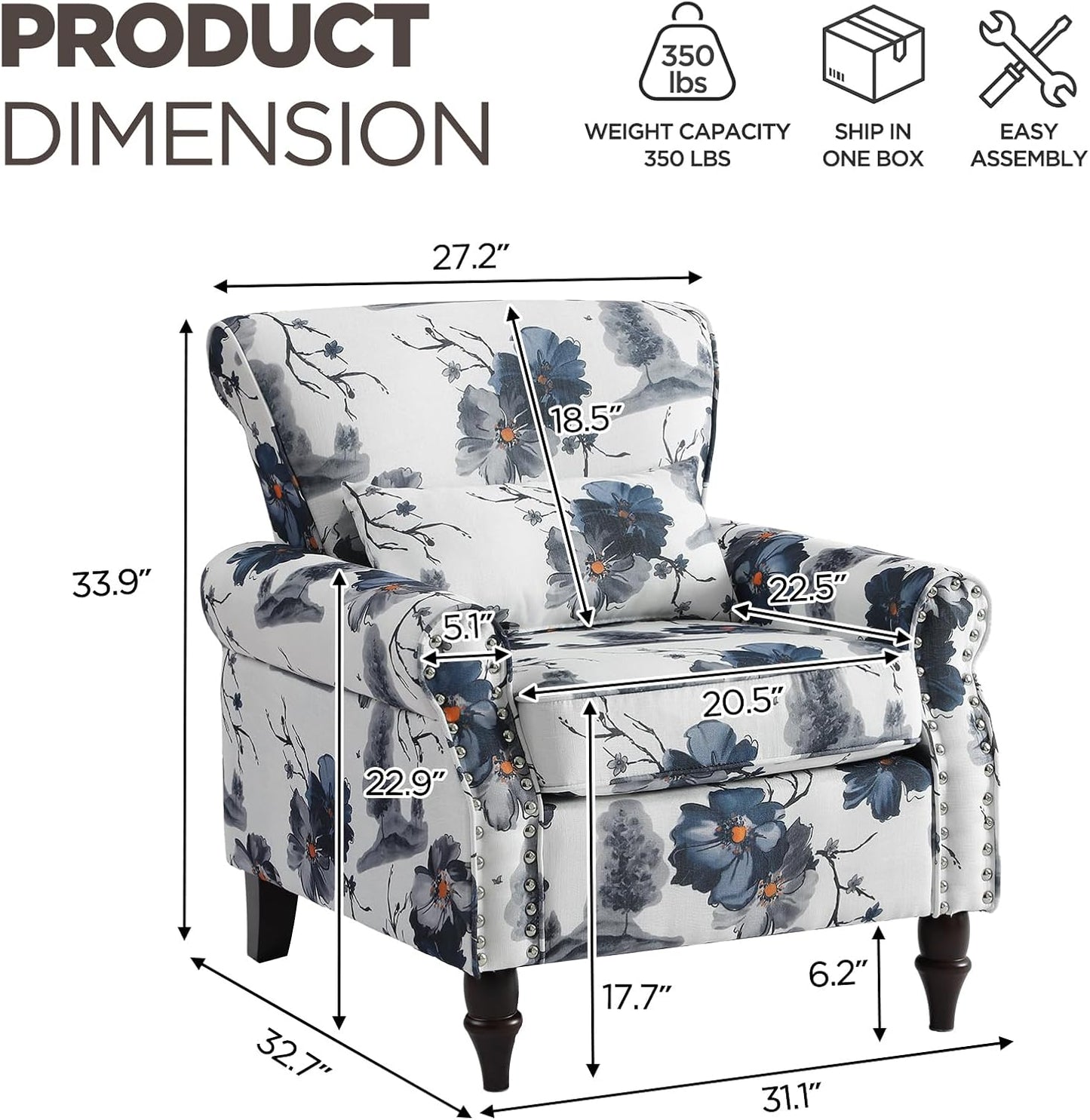 Wingback Accent Chair with Removable Pillow, High Back Floral Armchair with Solid Wood Legs & Nailhead Trim, Comfy Upholstered Reading Single Sofa Chair for Bedroom (1, Ink Blue Pattern)