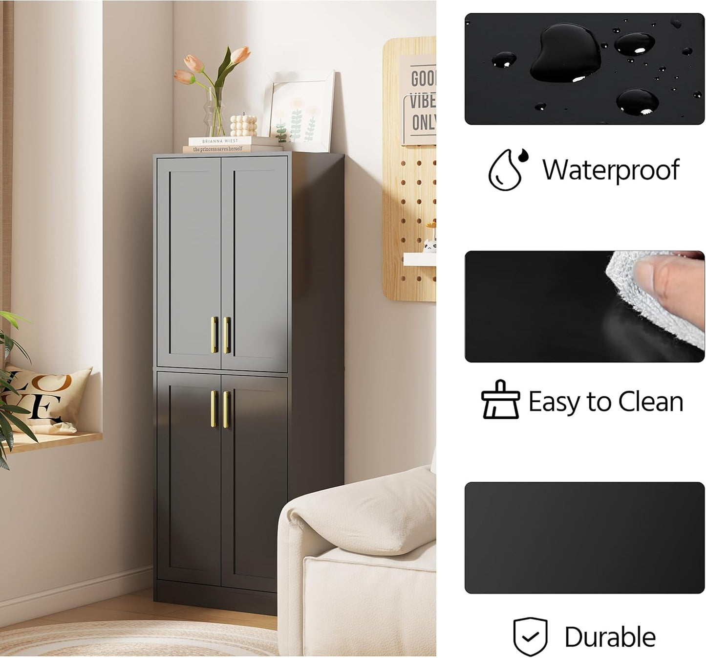 Tall Storage Cabinet with Doors & Shelf for Bathroom, Living Room, Entryway - Black