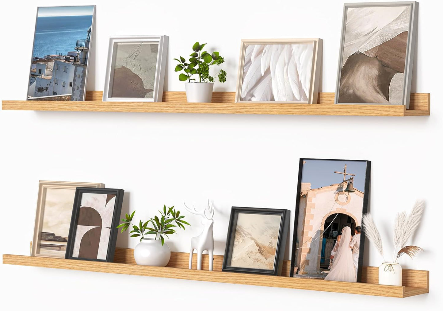 Heimlove Picture Ledge Shelf, Floating Shelves Set of 2, 48 Inches Picture Shelf for Wall with Ledge, Kids Bookshelf Wall Mounted for Living Room Bedroom Decor Books Photo Frames, Natural Oak