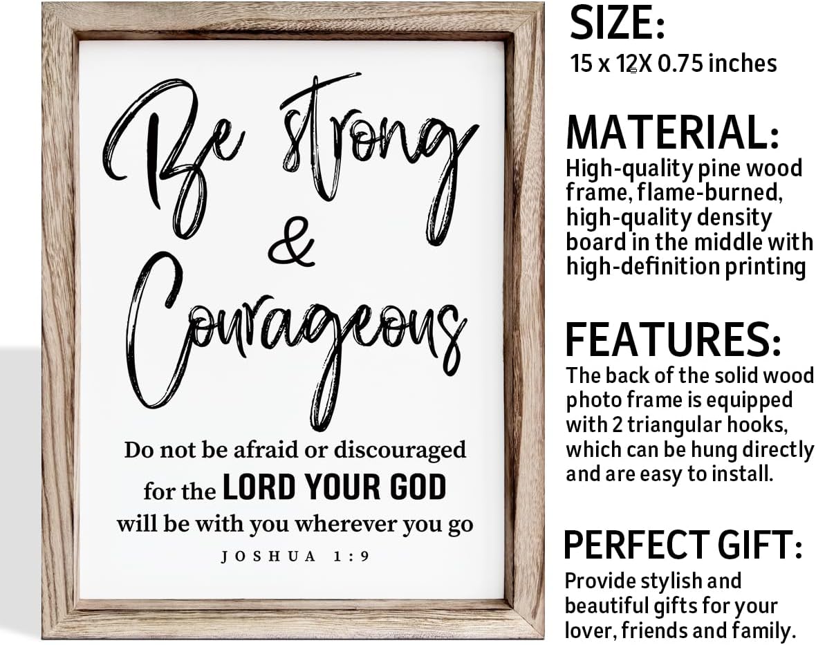 Inspirational Wood Signs, Christian Wooden Wall Plaque, Religious Home Decor, Bible Verse Decor Art, Framed Wall Plaque Sign 15 * 11.5 inches, Be Strong and Courageous Sign