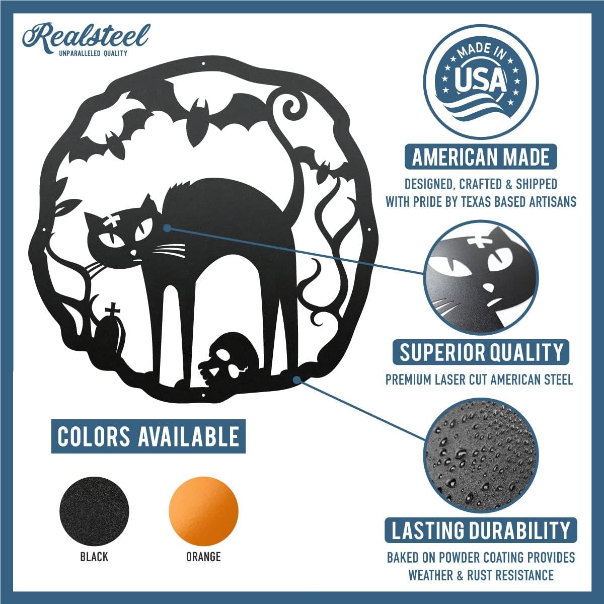 RealSteel Halloween Cat Wreath, 18" Steel, Cottage, Rustic Style, Orange, Wall Decor, Front Door, Living Room, Porch, Haunted House