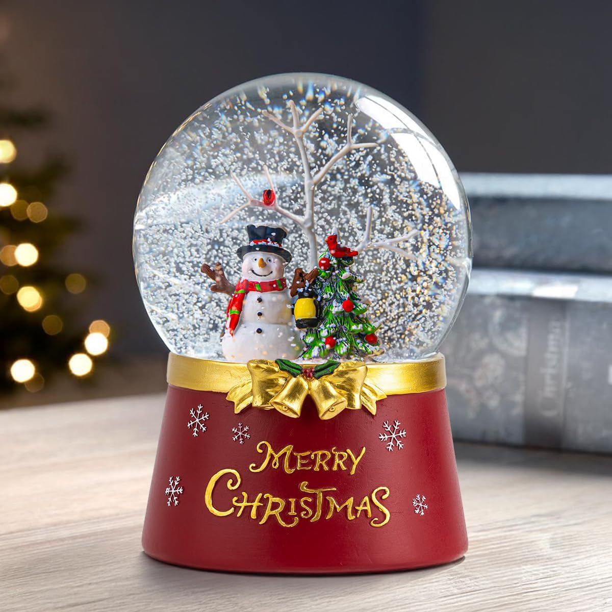 Christmas Glass Snow Globe Glitter Spinning Water Lantern Lighted Musical Snowman with Holiday Tree Scene, 6H Timer Battery & USB Powered Light for Home Decoration