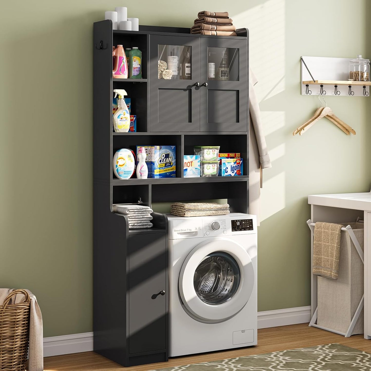 Itaar Over The Toilet Storage Cabinet, Over Toilet Bathroom Organizer with Glass Doors & Toilet Paper Holder Stand, Home Space-Saving Toilet Rack, for Bathroom, Restroom, Laundry(Black)