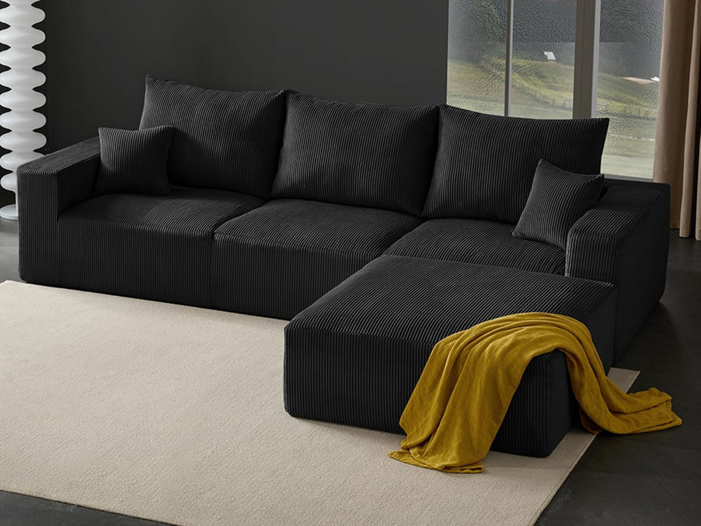 Boneless Sectional Cloud Couch Sofa for Living Room, 112" L-Shaped Modular Modern Lounge Sleeper Black Couches with Chaise, No Assemble, Cordury Compression Upholstered Sofas