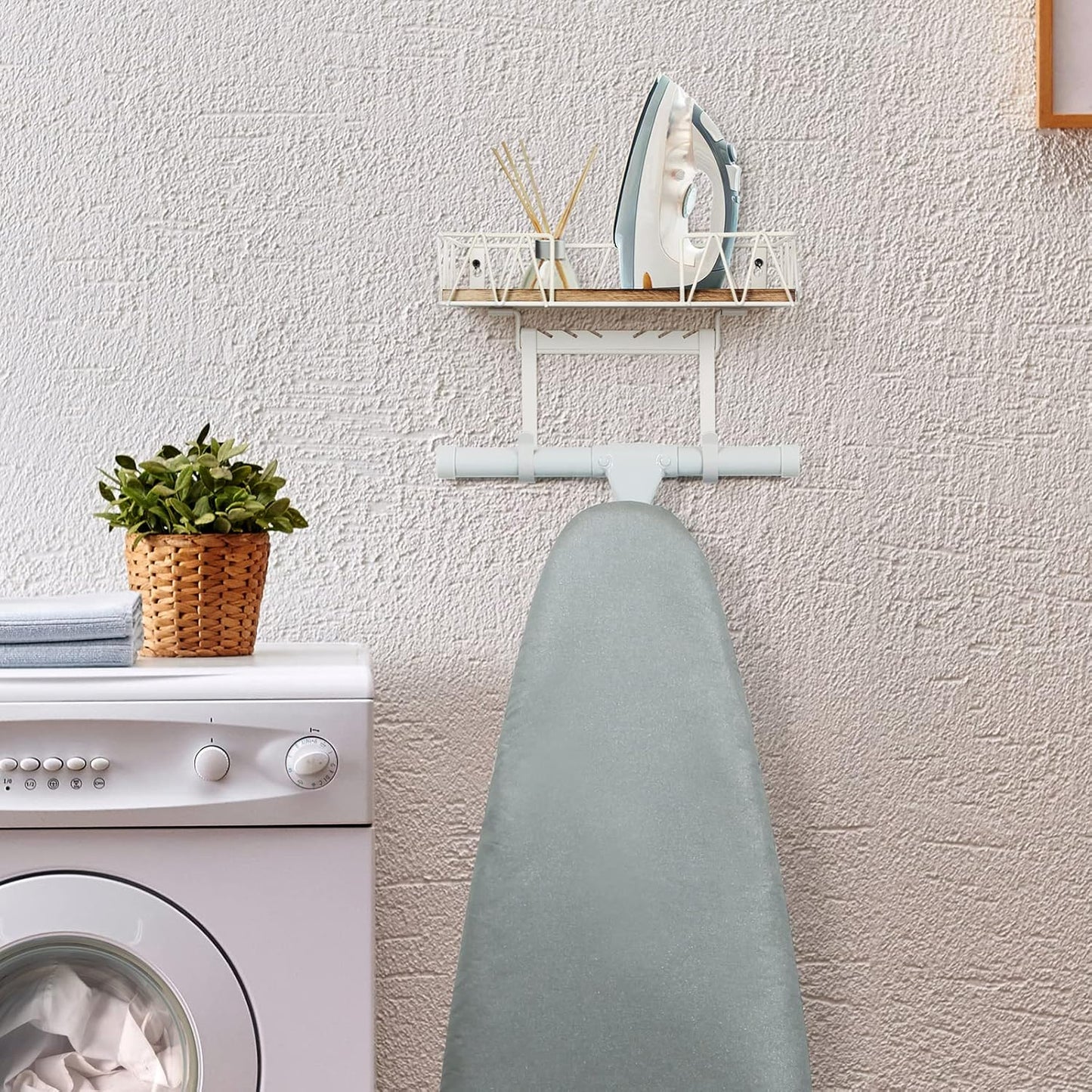 TJ.MOREE Ironing Board Hanger Wall Mount - Laundry Room Decor Iron and Ironing Board Holder with Large Storage Wooden Base Basket and Removable Hooks(T&V Shaped) Cream