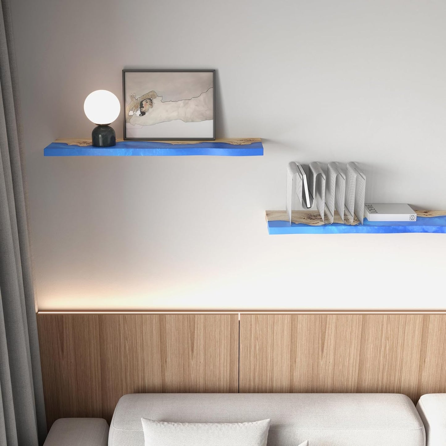 Unique Live Edge Floating Shelves for Wall - Stylish Blue Shelves for Room Wall Bedroom Bathroom Office Decor, Epoxy and Wood Wall Shelf Plank - Elegant Wall Mounted Shelves Design, (blue 16x6")