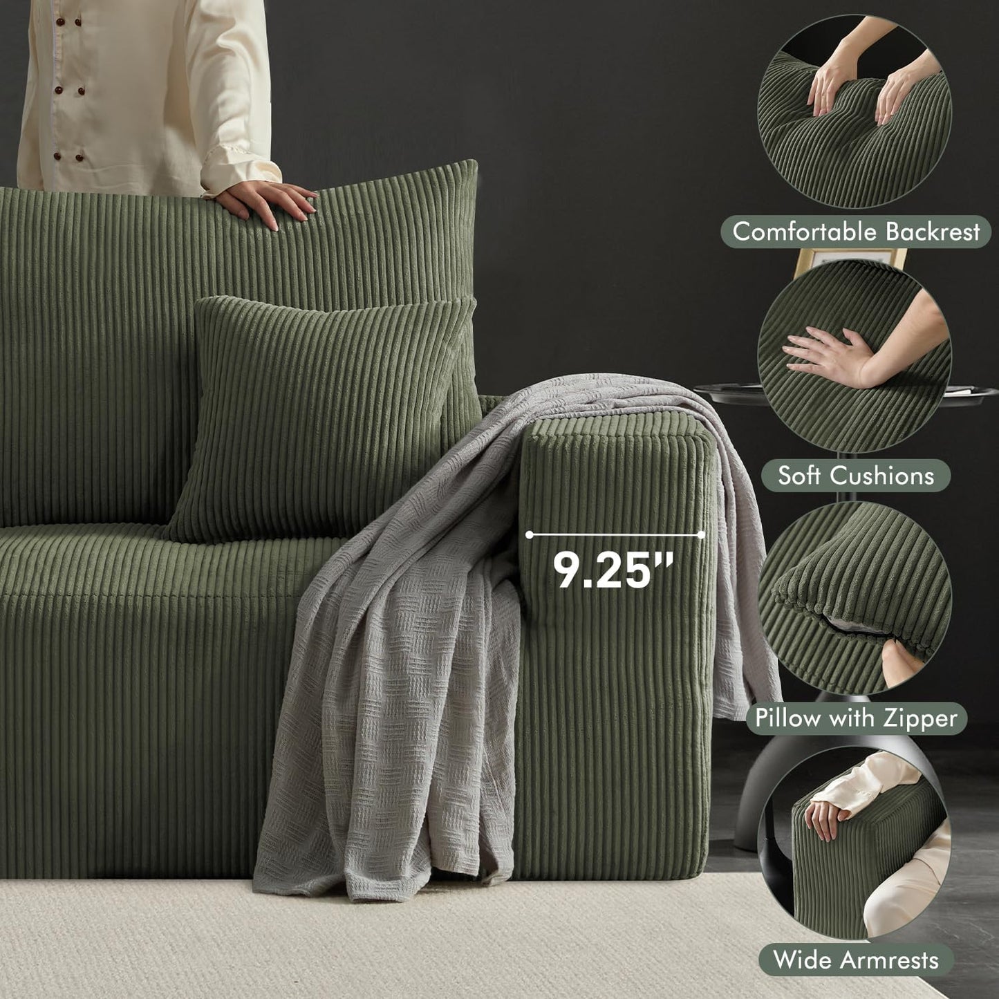 Boneless Sectional Cloud Couch Sofa for Living Room, 112" L-Shaped Modular Modern Lounge Sleeper Green Couches with Chaise, No Assemble, Cordury Compression Upholstered Sofas