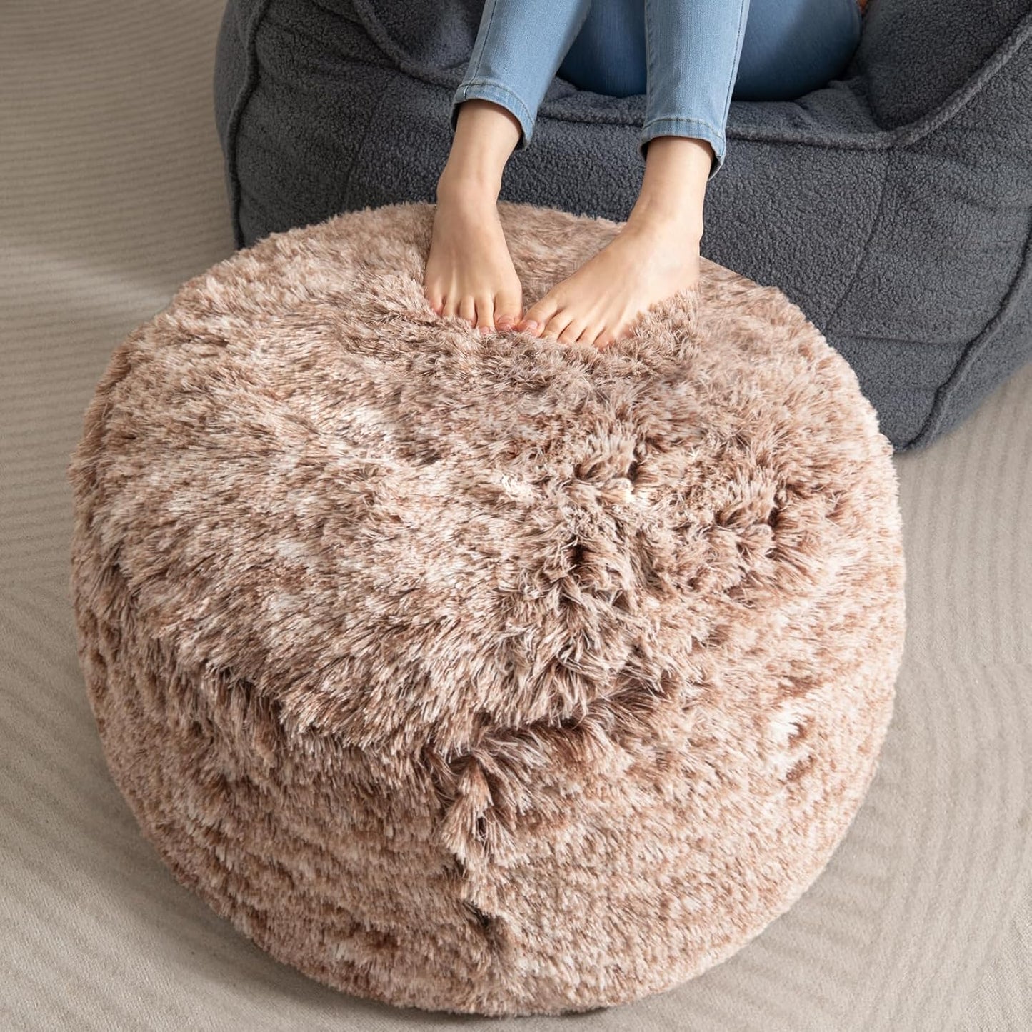 HIGOGOGO Round Stuffed Pouf Ottoman, Long Faux Fur Poufs with Foam Chunk Filling, Fluffy and Furry Pouf Foot Stool Storage Ottoman, 26 X 18 Floor Poufs Foot Rest for Living Room,Coffee