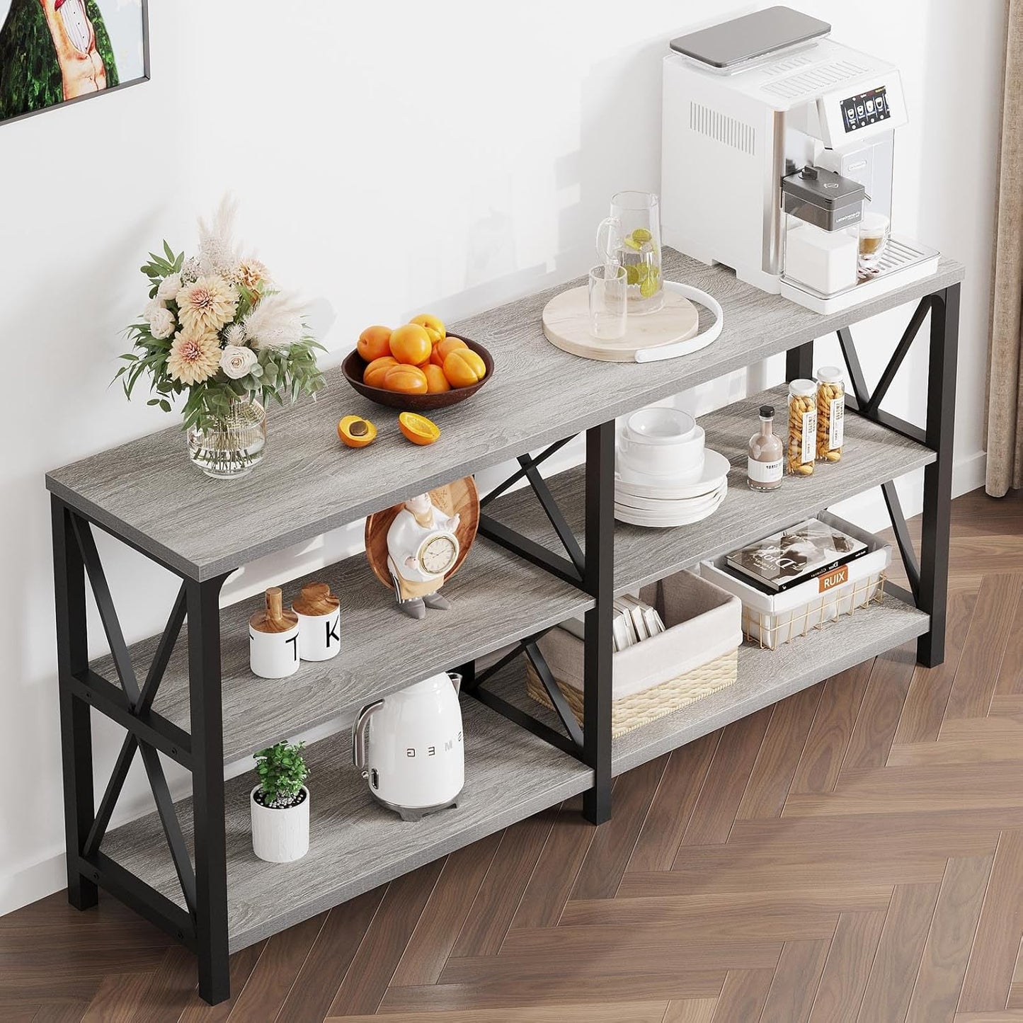 LVB Industrial Entryway Table, Farmhouse Rustic Console Table Behind Couch, Long Metal Wooden Sofa Table with Storage Shelf, Modern Foyer Hallway for Living Room Bedroom, Light Grey Oak, 63 in