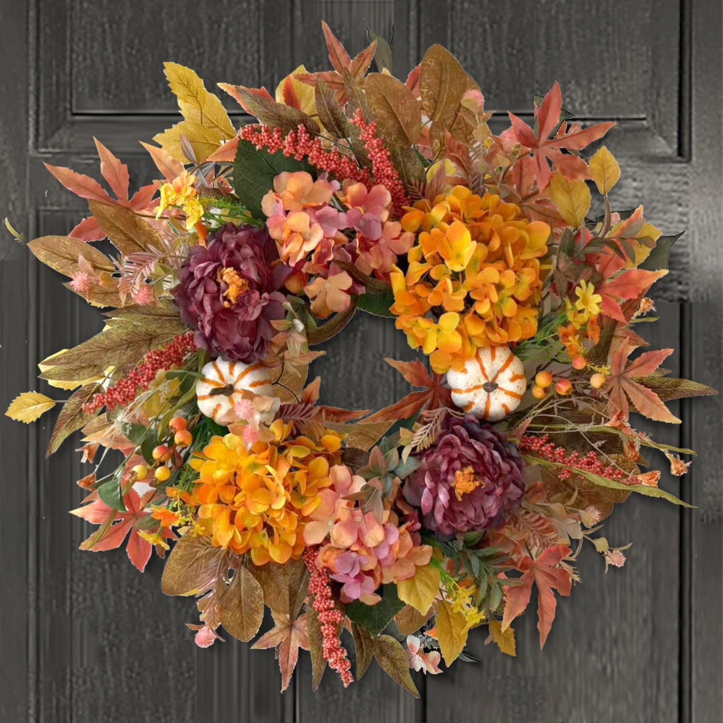 WANNA-CUL 24 Inch Fall Wreaths for Front Door with Hydrangea,Peony and White Pumpkins-Fall Decorations for Home, Fall Door Wreath Decor for Autumn,Harvest, Halloween or Thanksgiving