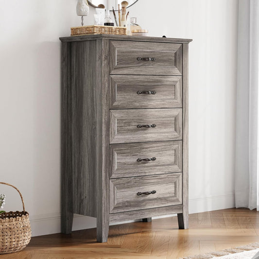 LINSY HOME Farmhouse 5-Drawer Dresser - Grey Chest of Drawers for Bedroom and Living Room Organization, Wood Dresser with Ample Storage Space and Rustic Charm
