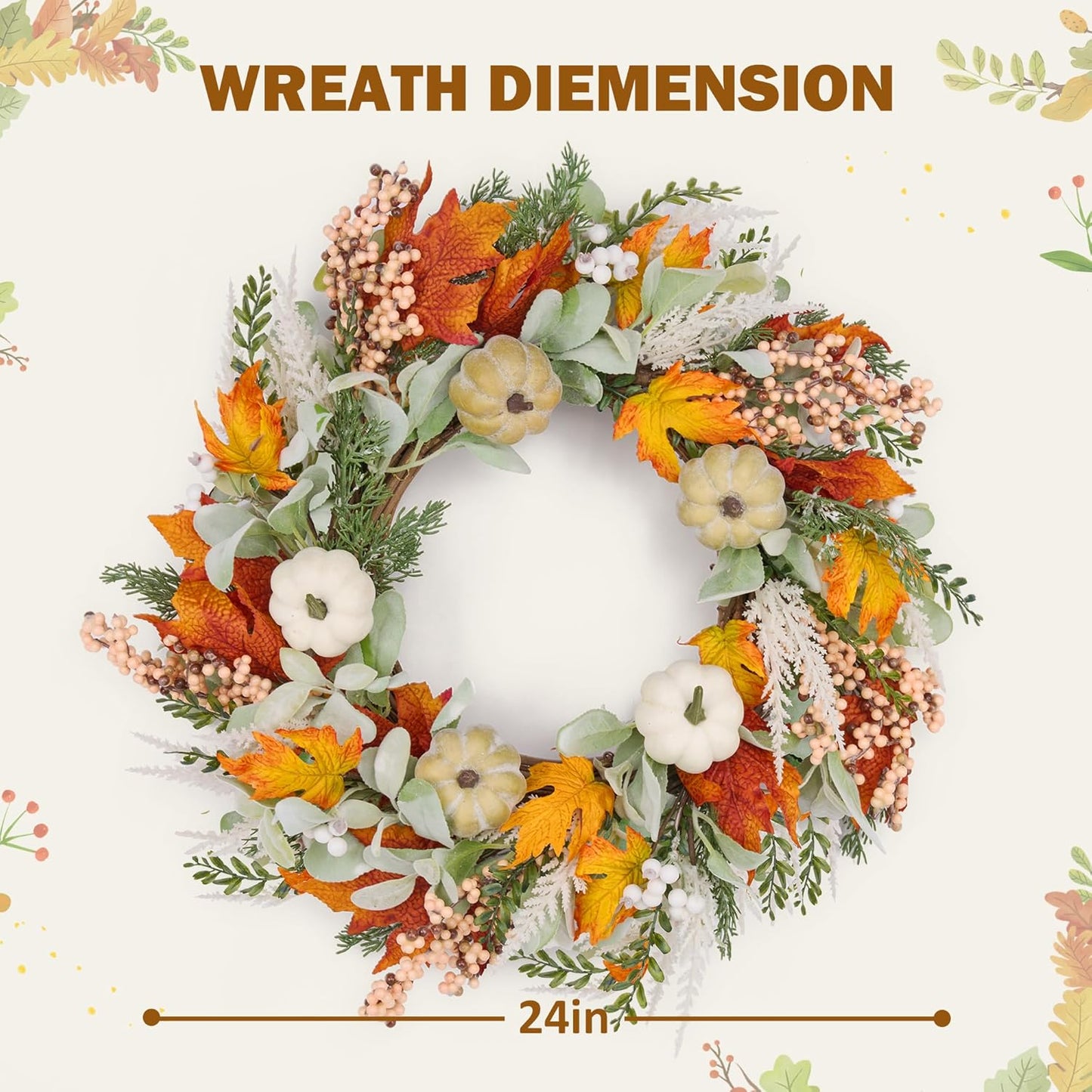 GENMOUS 24inch Fall Wreaths for Front Door, Maple Leaves Autumn Wreath Eucalyptus Berries Pumpkins Lamb Ears Leaves, Porch Wall, Home Outdoor Indoor Thanksgiving Halloween Harvest Holiday Fall Decor