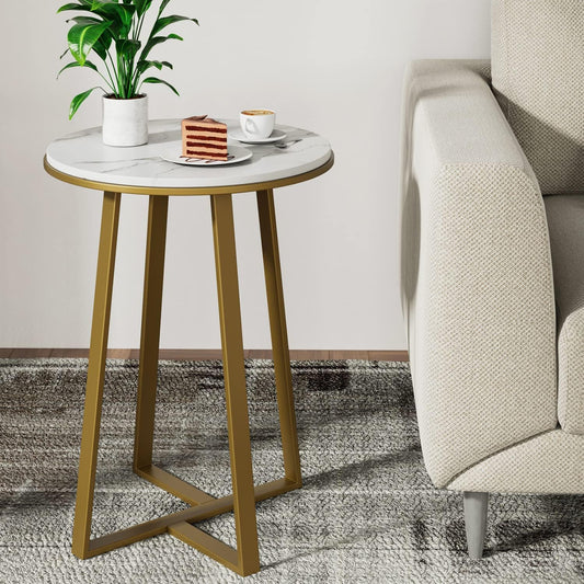 Round End Tables, Small Side Table White Marble Texture MDF Top,Metal Frame Gold Color, Tall End Table for Bed Room,Coffee Tea End Table for Living Room (White Marble+Gold)