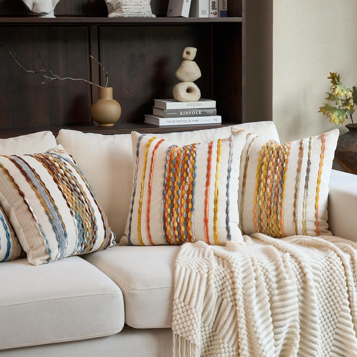 Aeckself Boho Pillow Covers 18x18 Inch Set of 2, Farmhouse Decorative Striped Square Chenille Tufted Accent Neutral Throw Pillow Covers for Living Room Couch Bed, Light Yellow