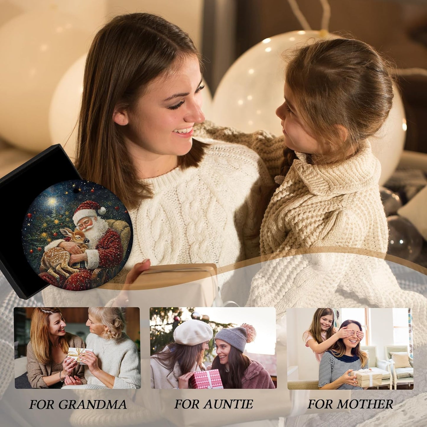 Vintage Christmas Santa Deer Ceramic Ornament Gifts, Rustic Winter Christmas Decorative Hanging Ornaments for Xmas Tree Holiday Party Decoration, Santa Deer Xmas Tree Decorations