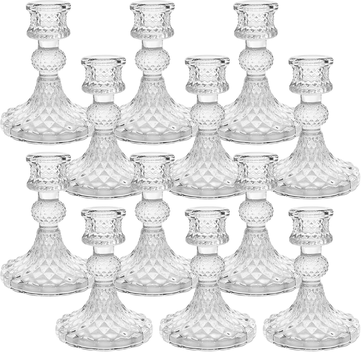 Candlestick Holders Set of 12-4" H Crystal Taper Candle Holders, Thick Glass Candle Stand with Diamond Pattern for Table, Wedding, Party, Church Decoration, Home Decor
