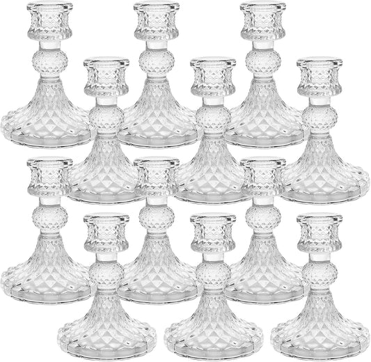 Candlestick Holders Set of 12-4" H Crystal Taper Candle Holders, Thick Glass Candle Stand with Diamond Pattern for Table, Wedding, Party, Church Decoration, Home Decor