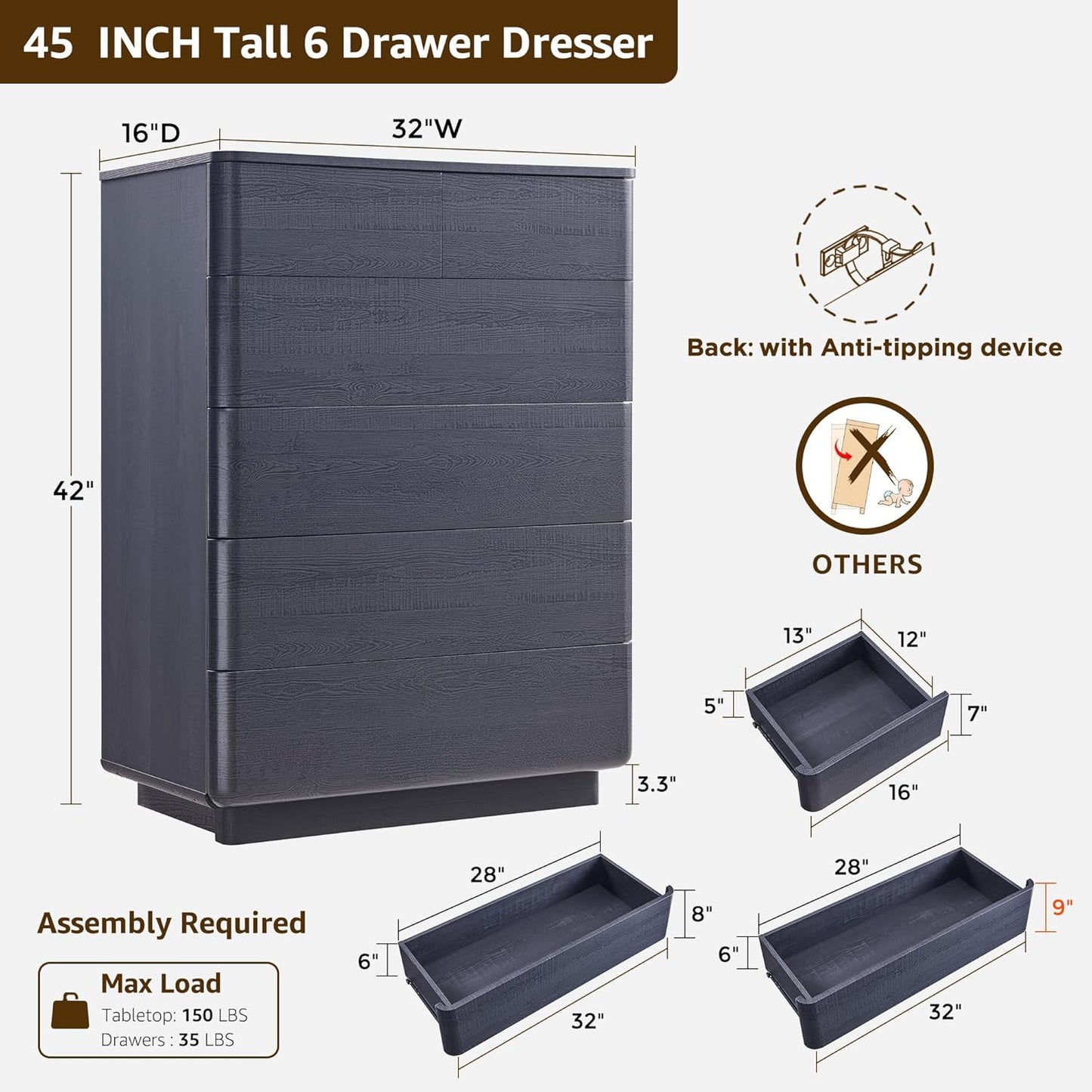 6 Drawer Dresser for Bedroom, 42 Inch Tall Modern Chest of Drawers, Push-to-Open Wood Storgae Organizer with Large Drawers for Bedroom, Living Room, Hallway, Black