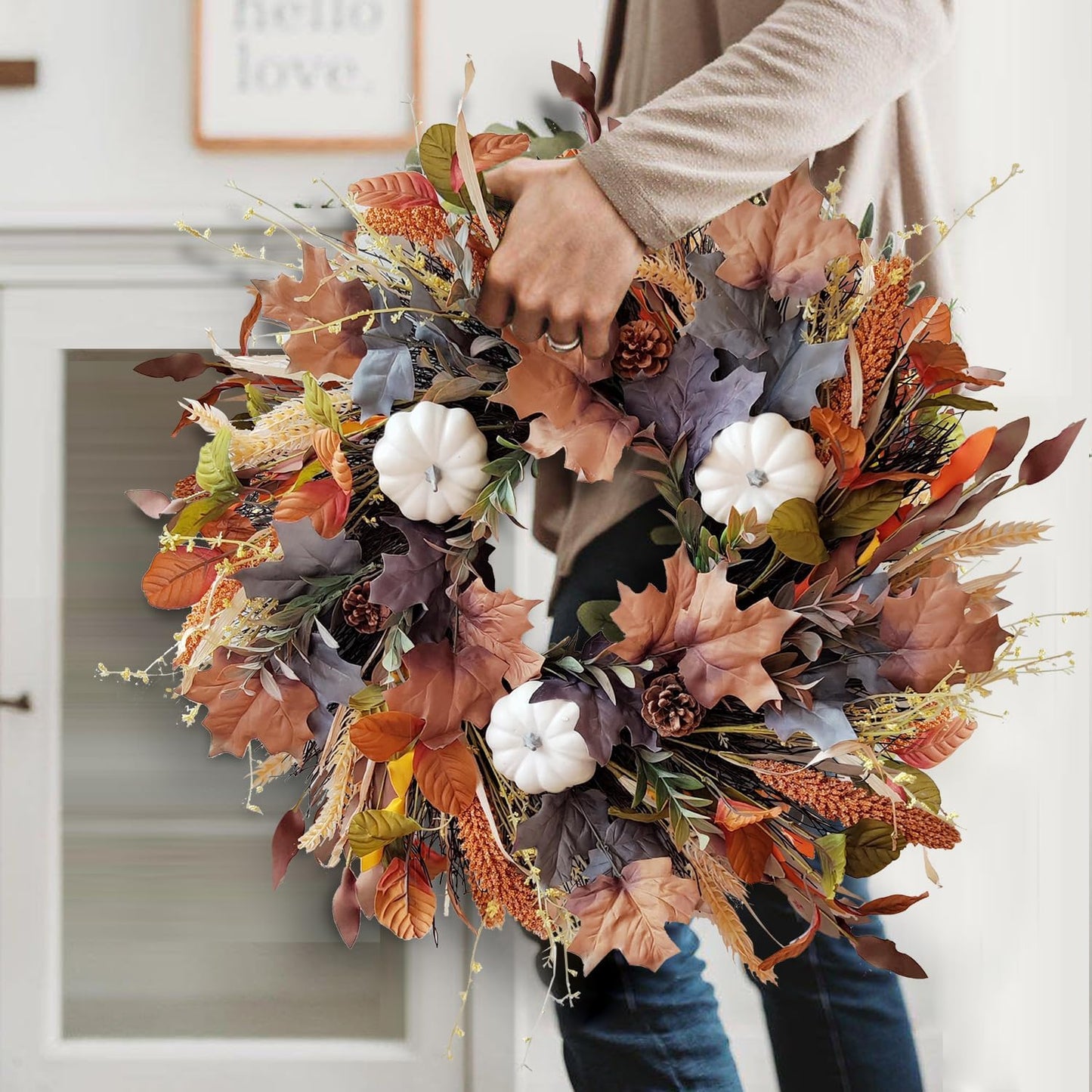 WANNA-CUL 24 Inch Fall Wreath for Front Door with White Pumpkins,Grains, Maple Leaves-Fall Decoration for Home-Large Fall Decor Door Wreath for Autumn,Harvest or Halloween
