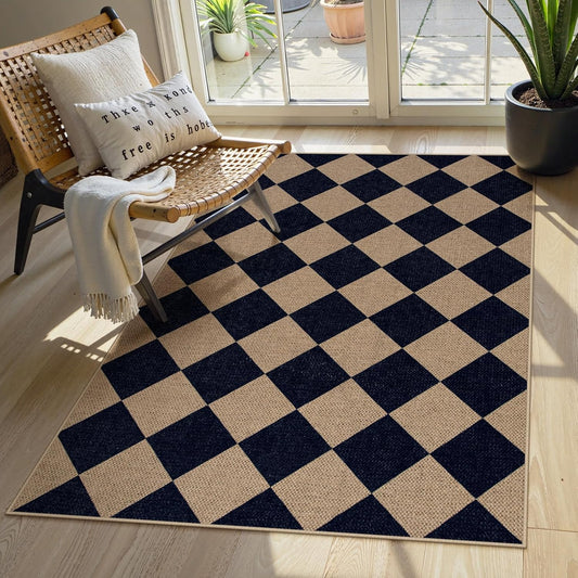 Lahome Checkered Easy Jute Entry Rug, 3x5 Black Outdoor Patio Rug for Living Room Farmhouse Neutral Carpet, Washable Non Slip Indoor Door Mat Diamond Carpet for Front Door Deck Camping