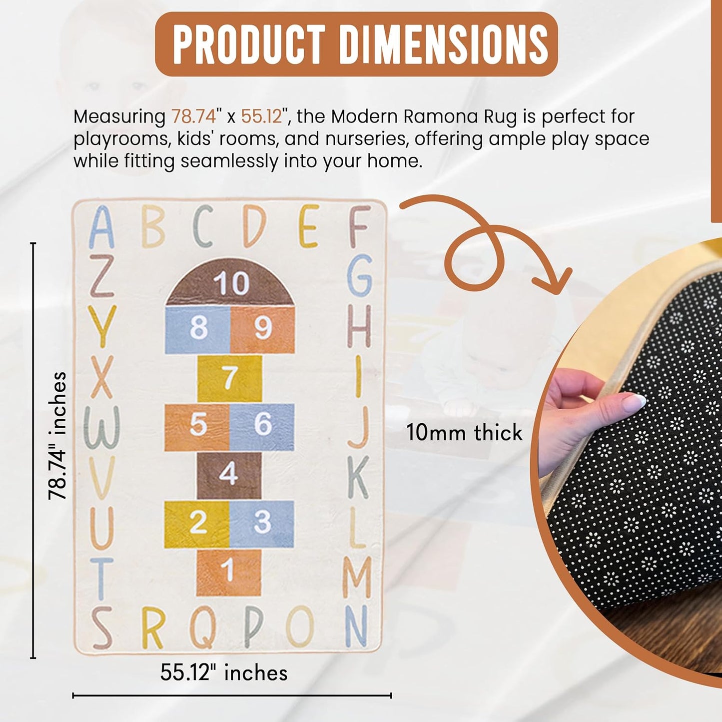 Washable Hopscotch Rug for Kids | Educational ABC & Numbers Carpet for Toddler Playroom or Classroom | 4.6' x 6.5' Non-Slip Play Mat | Neutral Decor