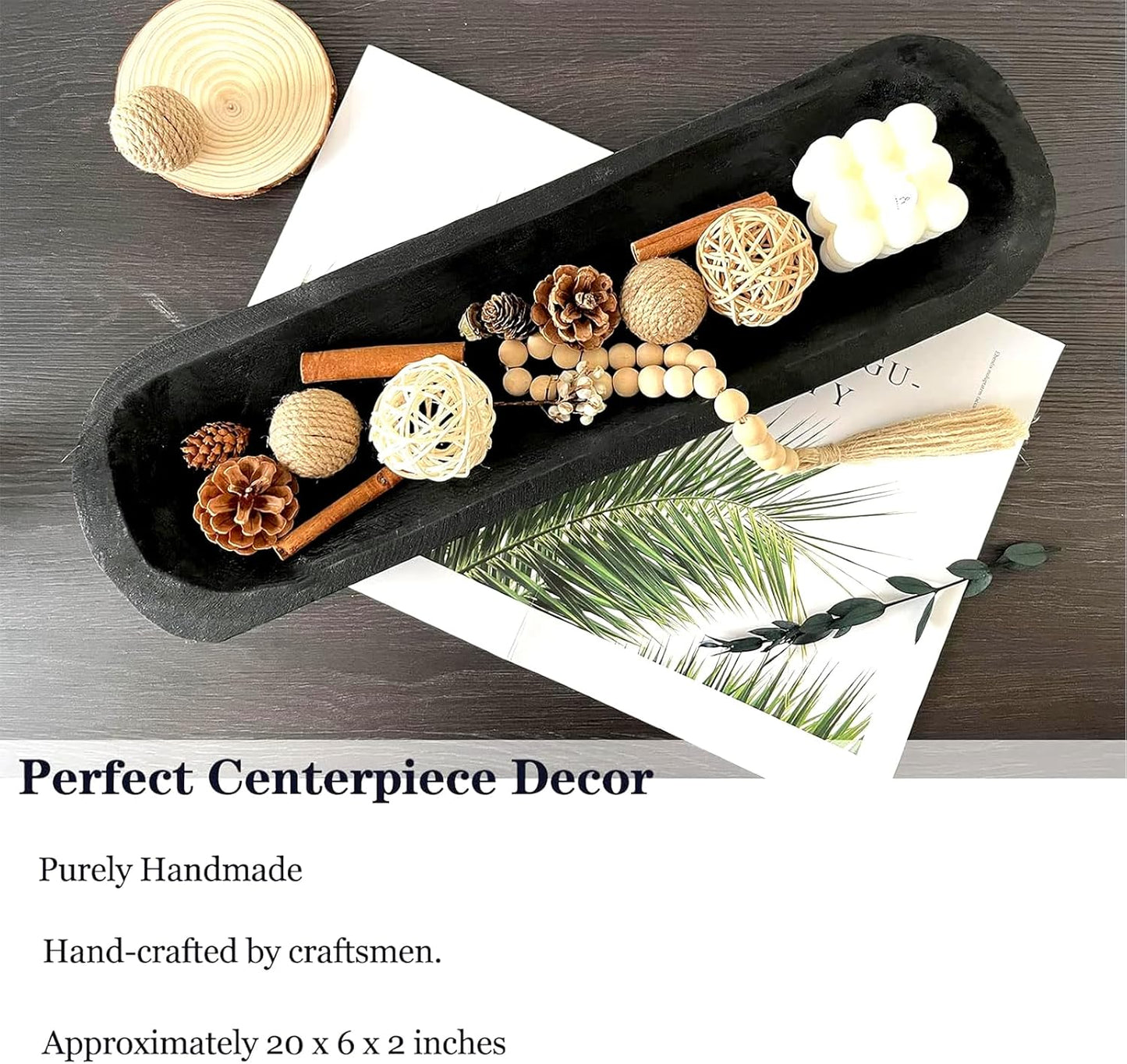 Wooden Dough Bowl Decor, Vintage Wooden Bowl Hand Carved Home Decor for Dining Table Center, Living Room, Kitchen Decor. (20inch black)