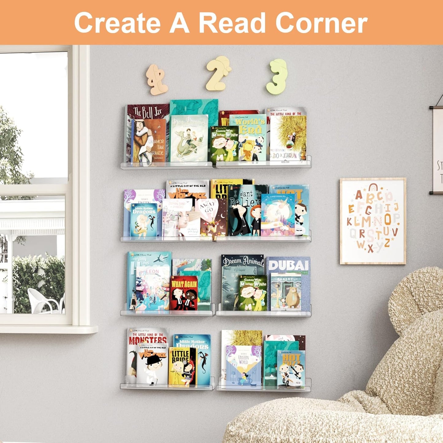 upsimples 8 Pack Acrylic Shelves Wall Organizer and Storage, 15" Display Shelf for Figure, Toy Cars, Perfume, Kids Bookshelf for Bedroom, Nursery, Craft Room, Clear