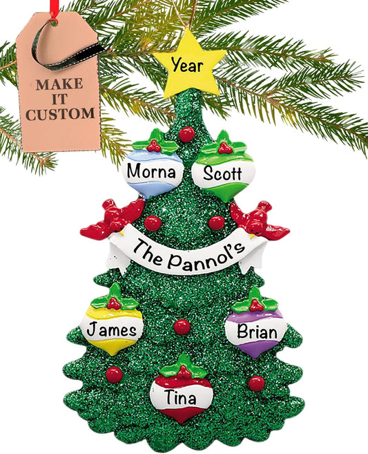 Personalized Family of 5 Ornament 2025 | Free 24h Customization | Christmas Ornaments for Tree | Custom Gift Wrapped Green Glitter Keepsake for Five Persons