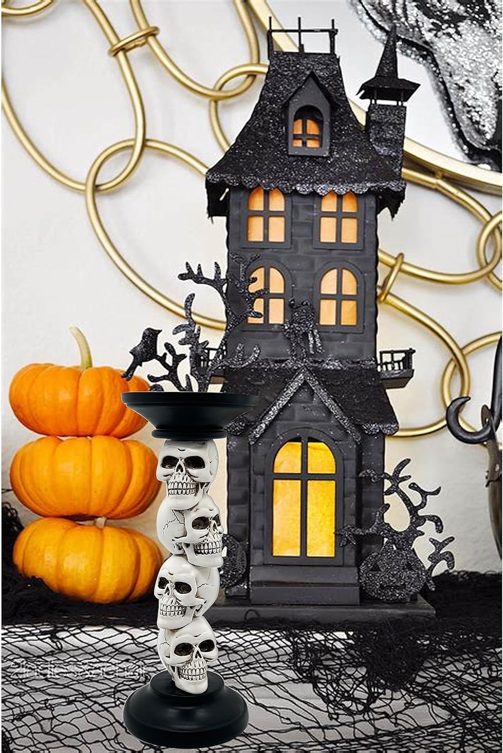 Pillar Candle Holder for Halloween Decoration Indoor, Skull Candlestick Holder, Skeleton Candlestick Holder Spooky Decor Black Taper Candle Holders