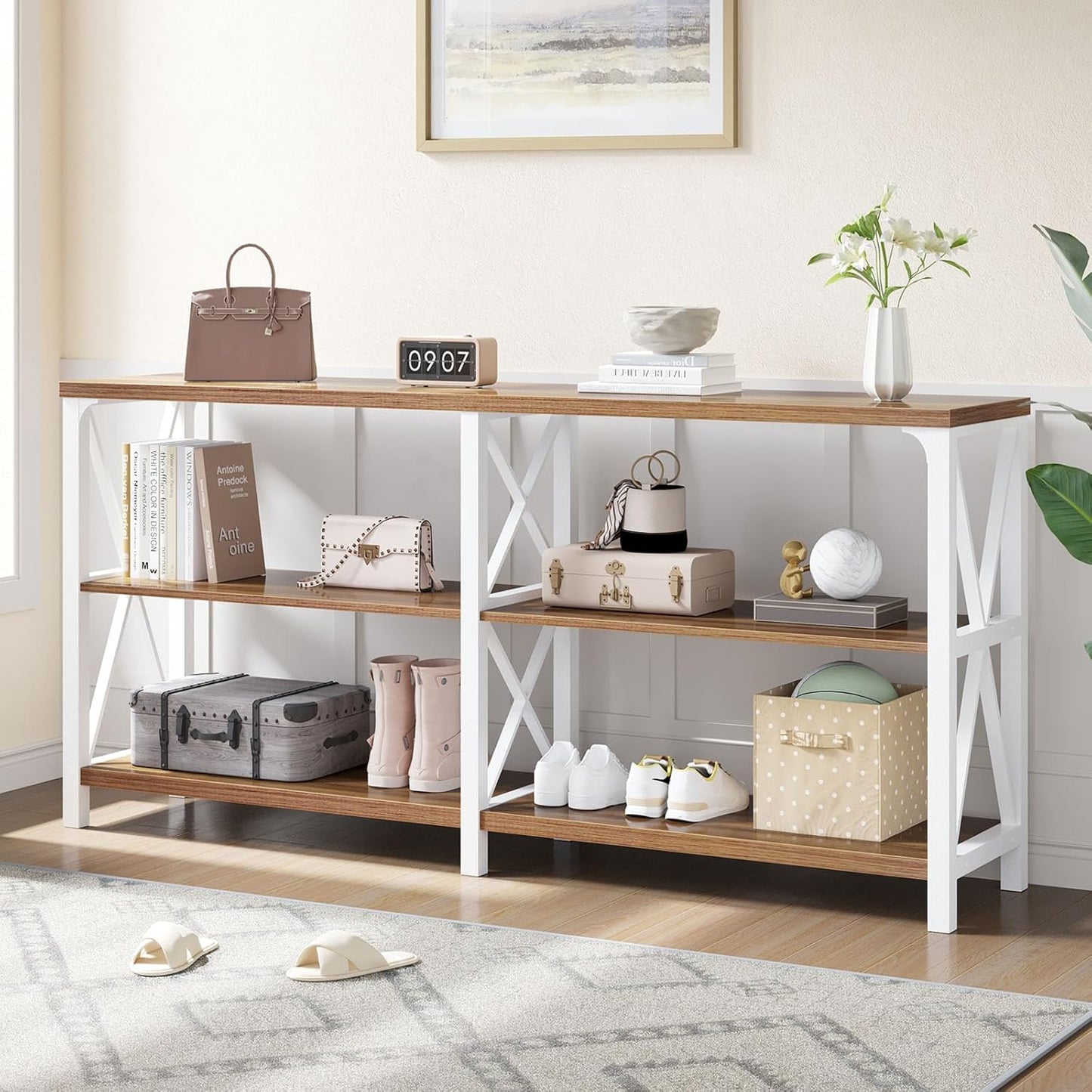 LVB Industrial Entryway Table, Farmhouse Rustic Console Table Behind Couch, Long Metal Sofa Table with Storage Shelf, Modern Hallway Table for Living Room Bedroom,White and Rustic Oak,63 inch