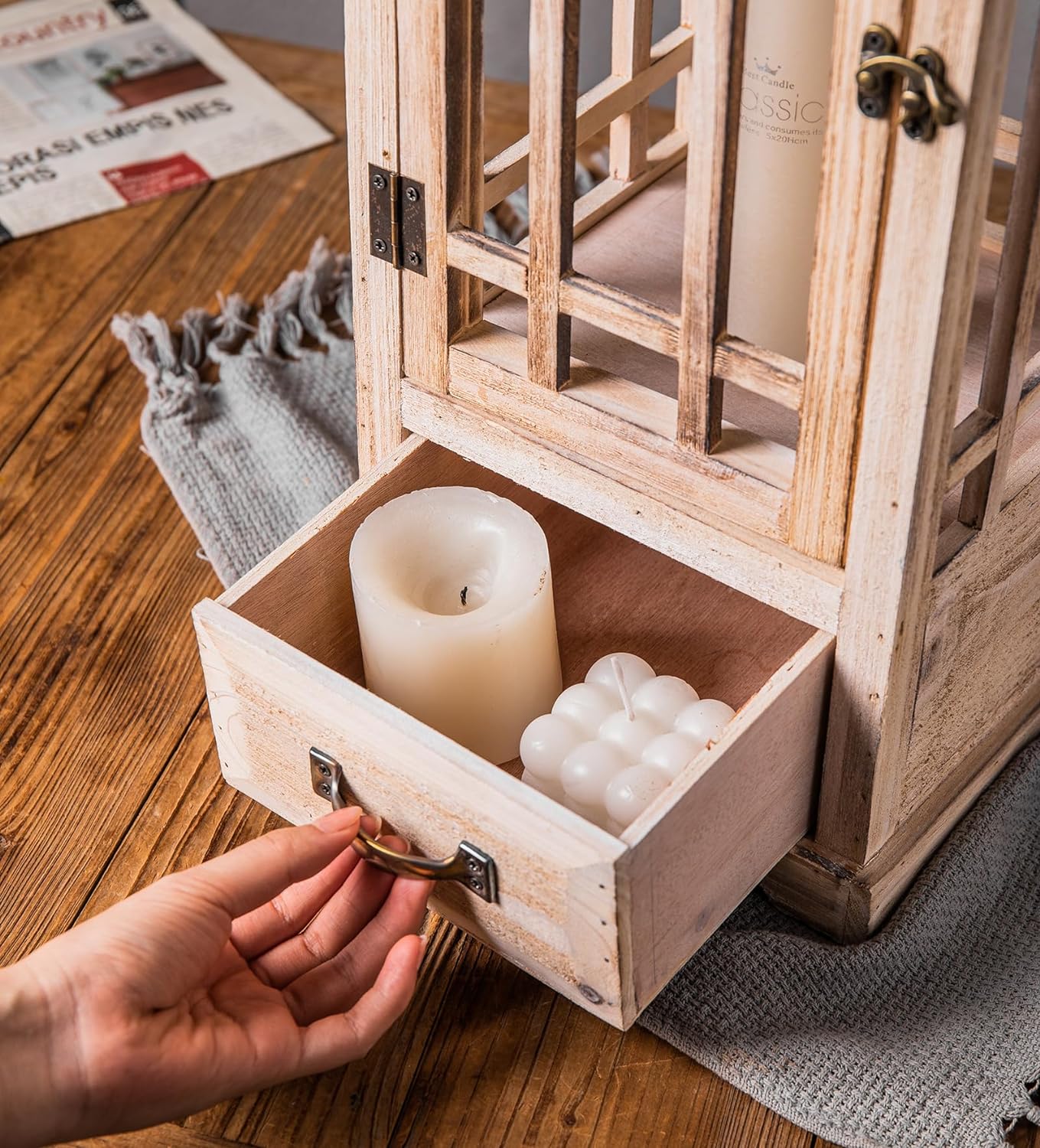 TIMRIS Large Rustic Wooden Metal Decorative Lantern Set of 2, Modern Farmhouse Floor Candle Lanterns with Drawer, Indoor/Outdoor Hanging Lanterns for Home Decor (No Glass)