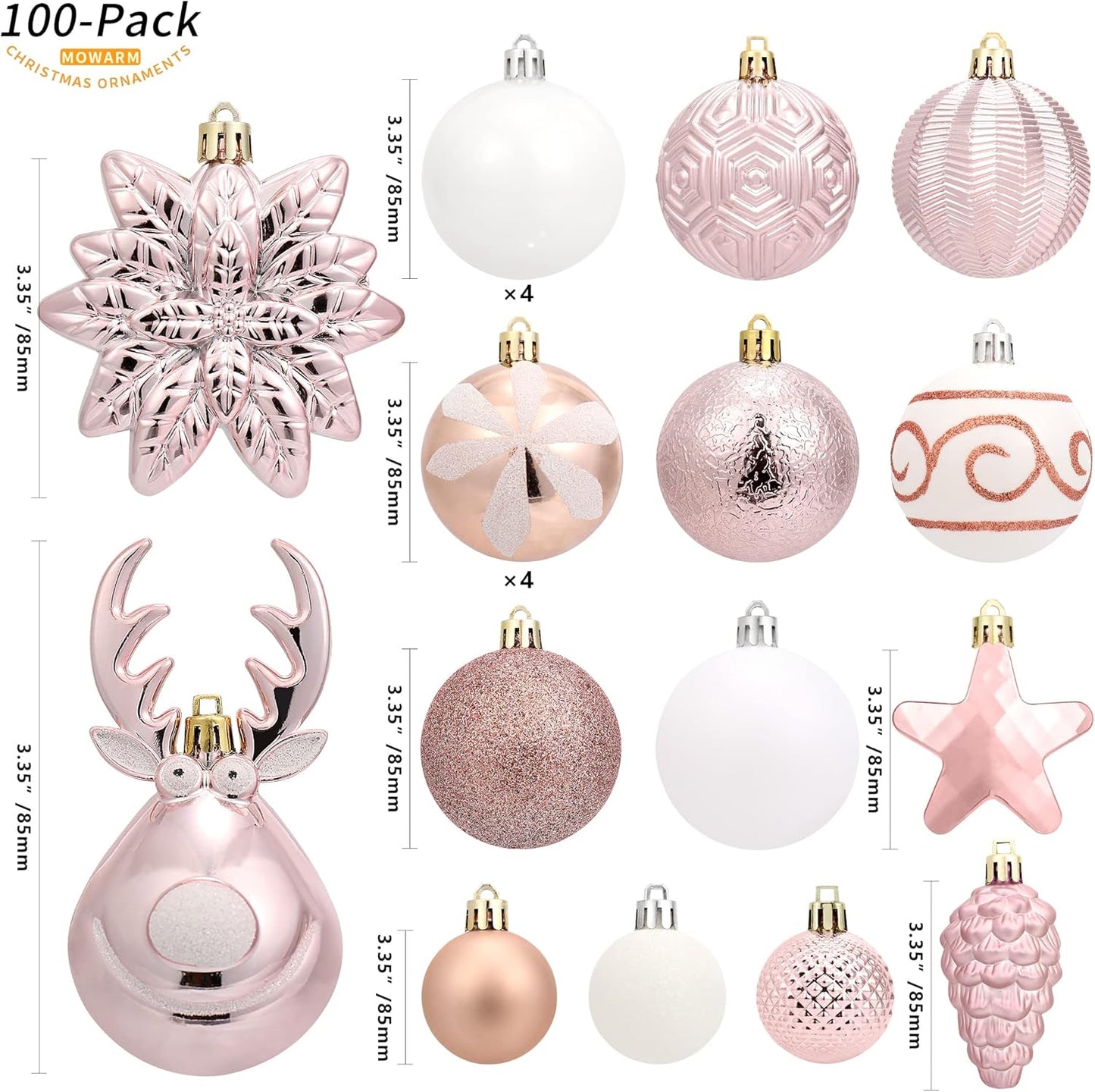 100-Pack Various Shatterproof Christmas Balls, Christmas Decorative Ball Ornaments for Xmas Tree- Rose Gold