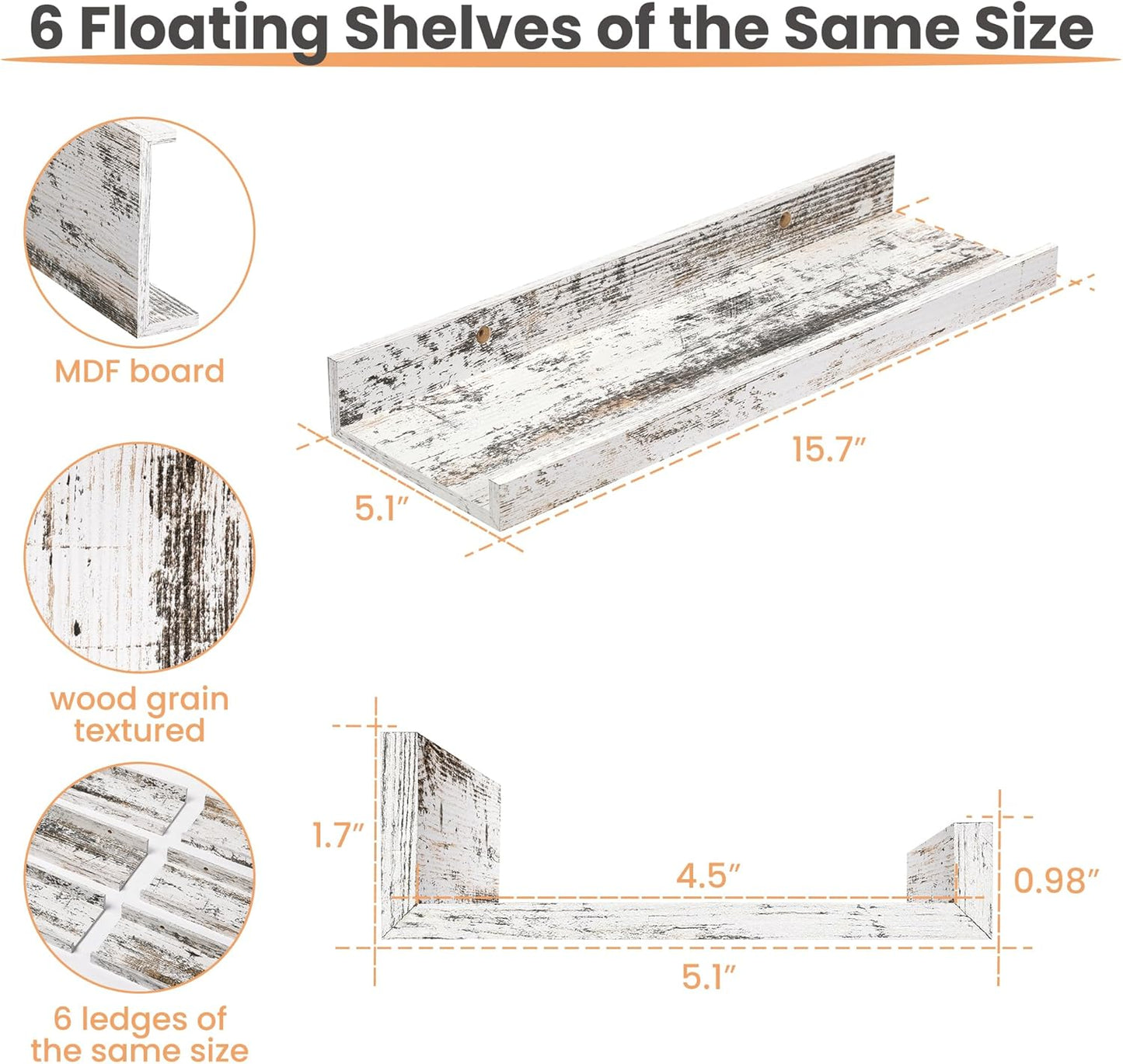 upsimples Floating Shelves for Wall, Wall Shelves for Decor Storage Set of 6, Wall Mounted Wood Shelf for Bedroom, Living Room, Bathroom, Kitchen, Picture Ledge Shelf, Rustic White