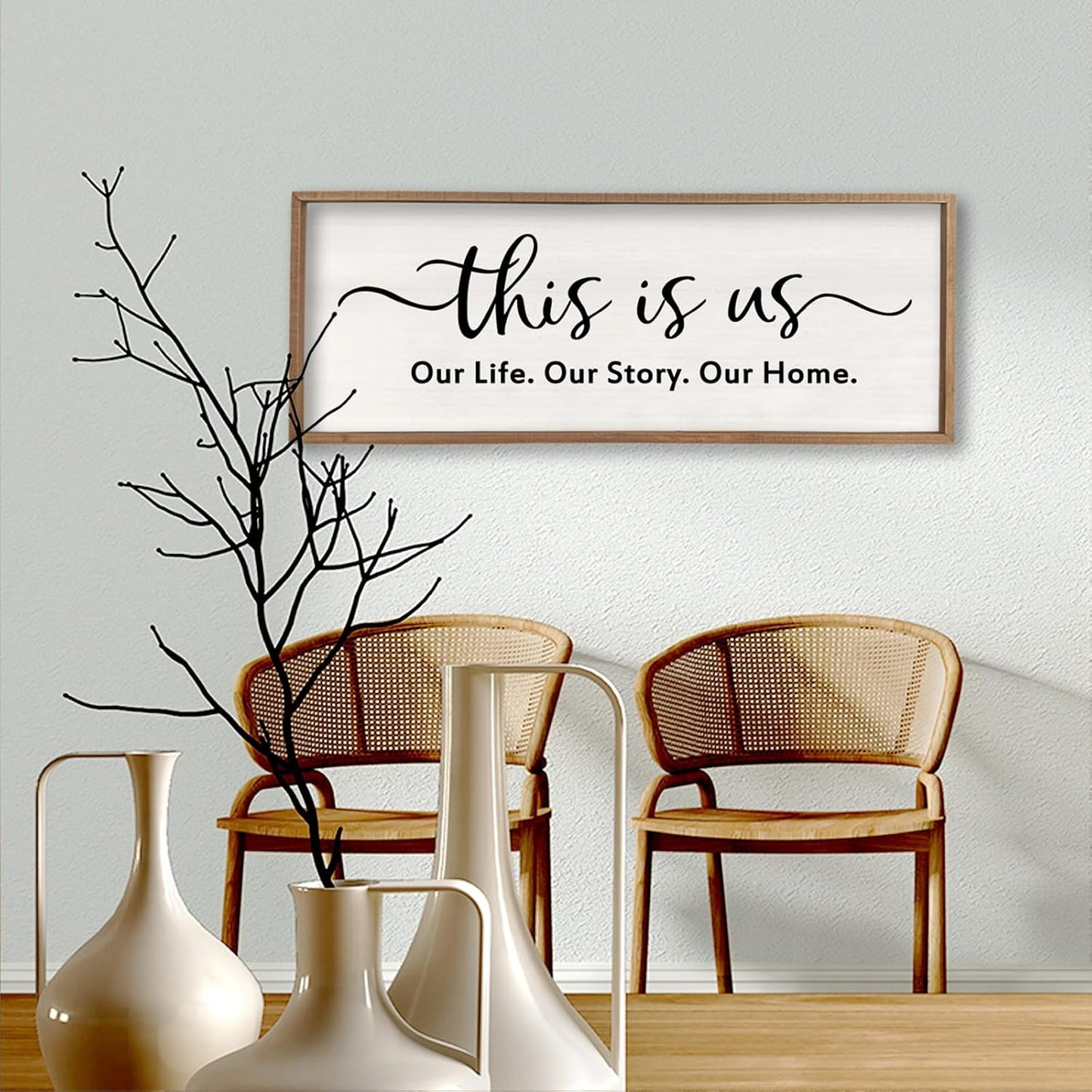 This is us Wall Decor Sign 32'' x 12'' Large Master Bedroom Home Life Story Wood Framed Vintage Family Sign Rustic Plaque Living Room Minimalist Farmhouse Hanging Wall Art (Wood)