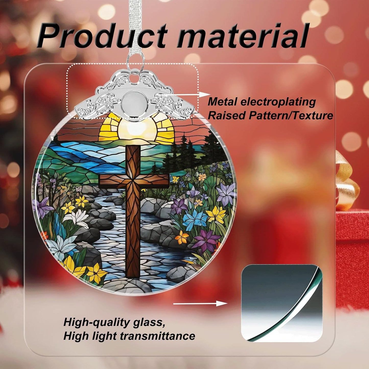 Cross Stained Glass Religious Christmas Ornament, Hanging Ornaments for Christmas Tree Decorations, Christian Gifts Holiday Keepsake Present Exchange Idea