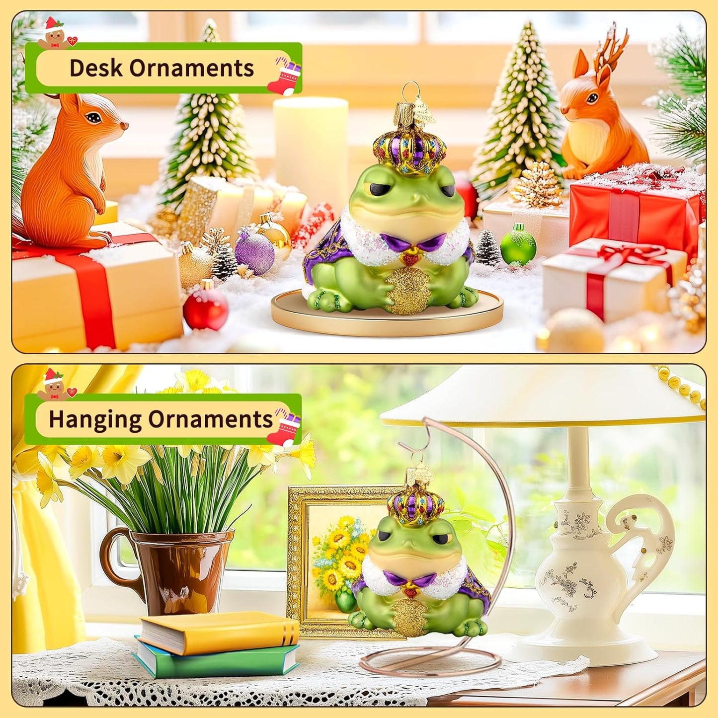 Frog Christmas Tree Ornaments,Hand-Blown Glass Ornaments,Frog Prince Watcher Collection Figurines Hanging Ornament,Christmas Decorations for Animal Lovers Holiday Party Home Gift