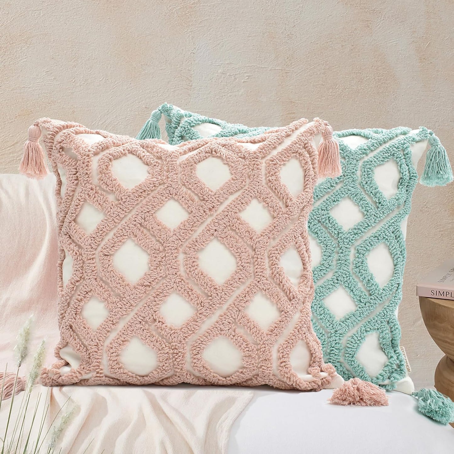Boho Pillow Covers 18X18 Inch Boho Tufted Throw Pillow Covers Decorative Tassels Cushion Cover Farmhouse Pillow Case for Couch Sofa Bed Living Room Bedroom, Blush