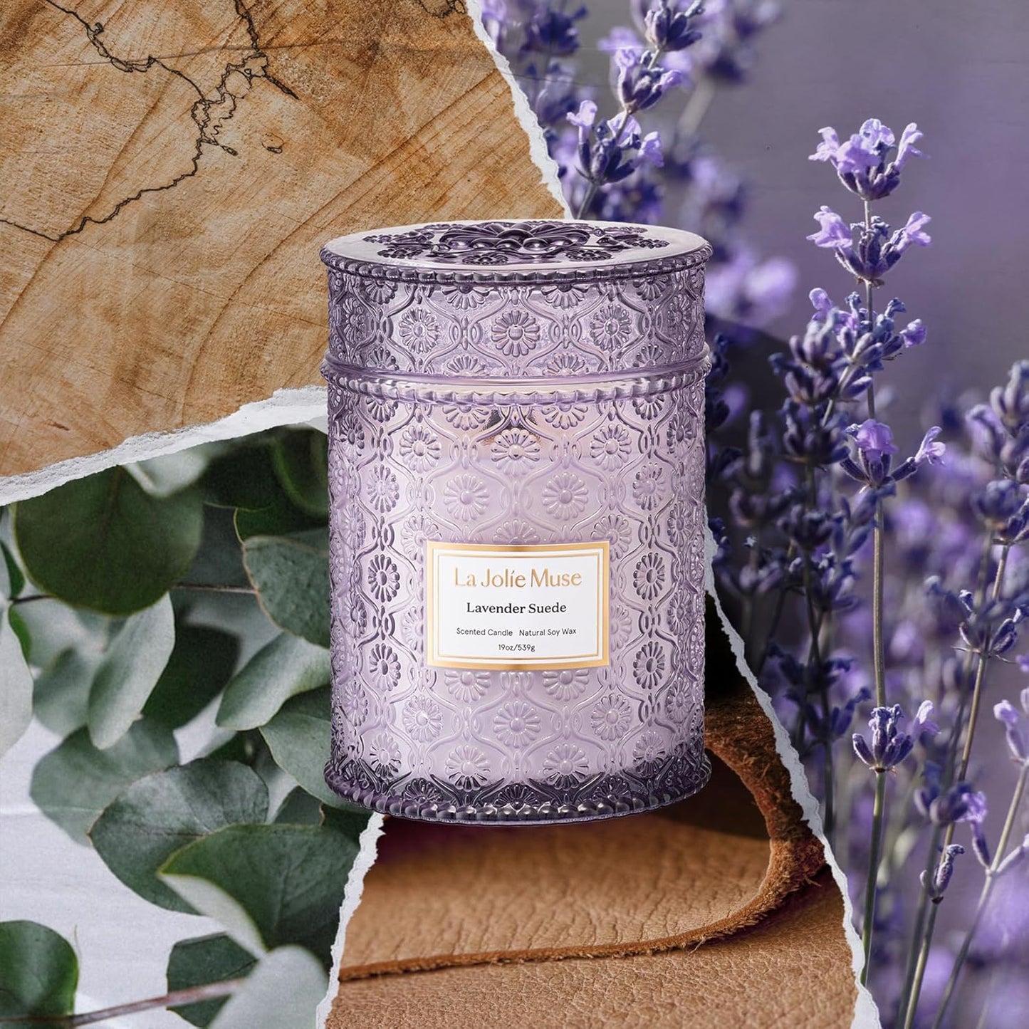 LA JOLIE MUSE Lavender Suede Candle – Eucalyptus, Lavender & Sandalwood 19 oz Large Wooden Wick Candle | Natural Soy Wax | 90 Hours Clean Burn | Aromatherapy Candle for Relaxation