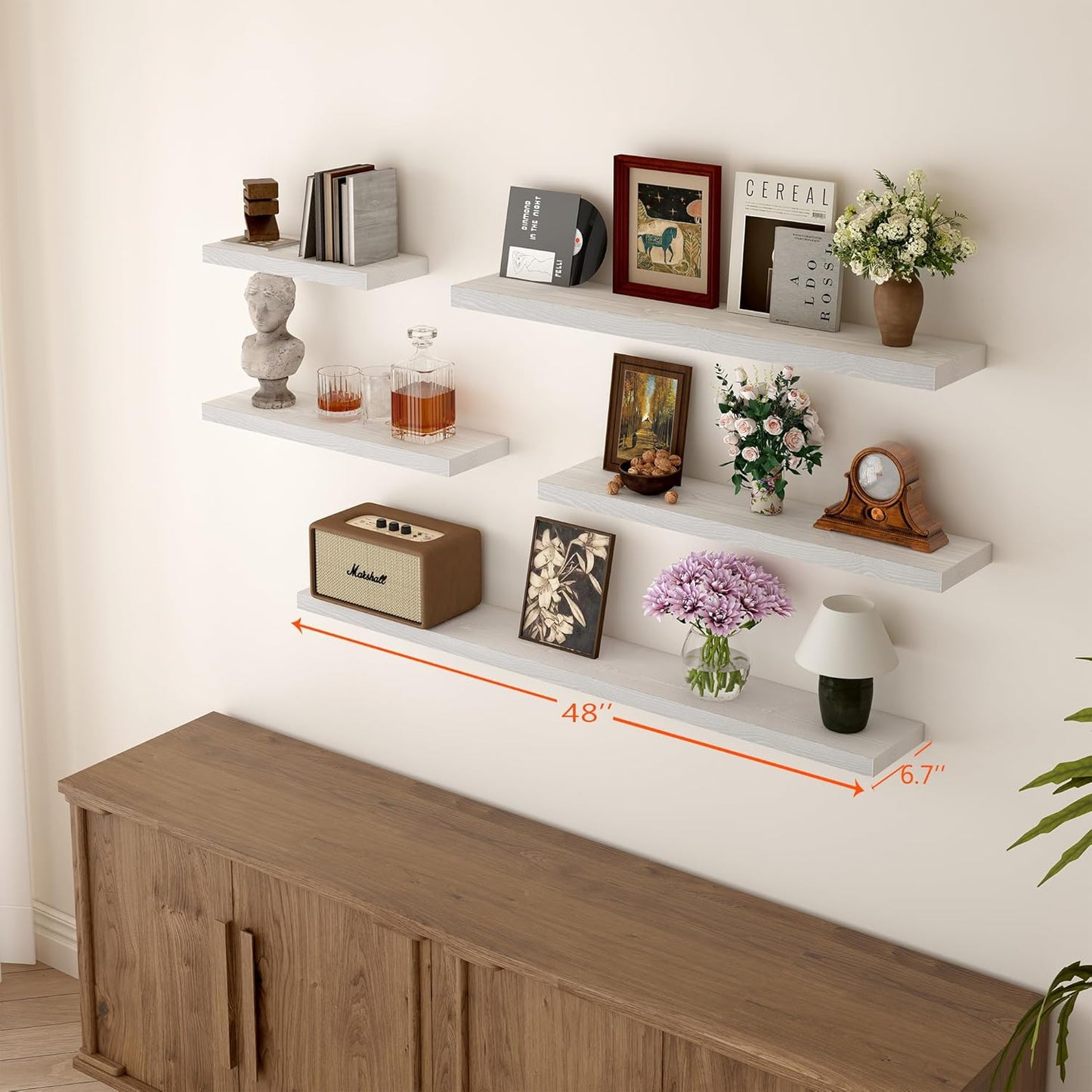 BGMG Floating Shelves for Wall 48 inch Long,Rustic Solid Wooden Deep Wall Shelves for Bathroom Living Room Bedroom Kitchen Farmhouse Set of 2-48x6.7x1.25 inch- White