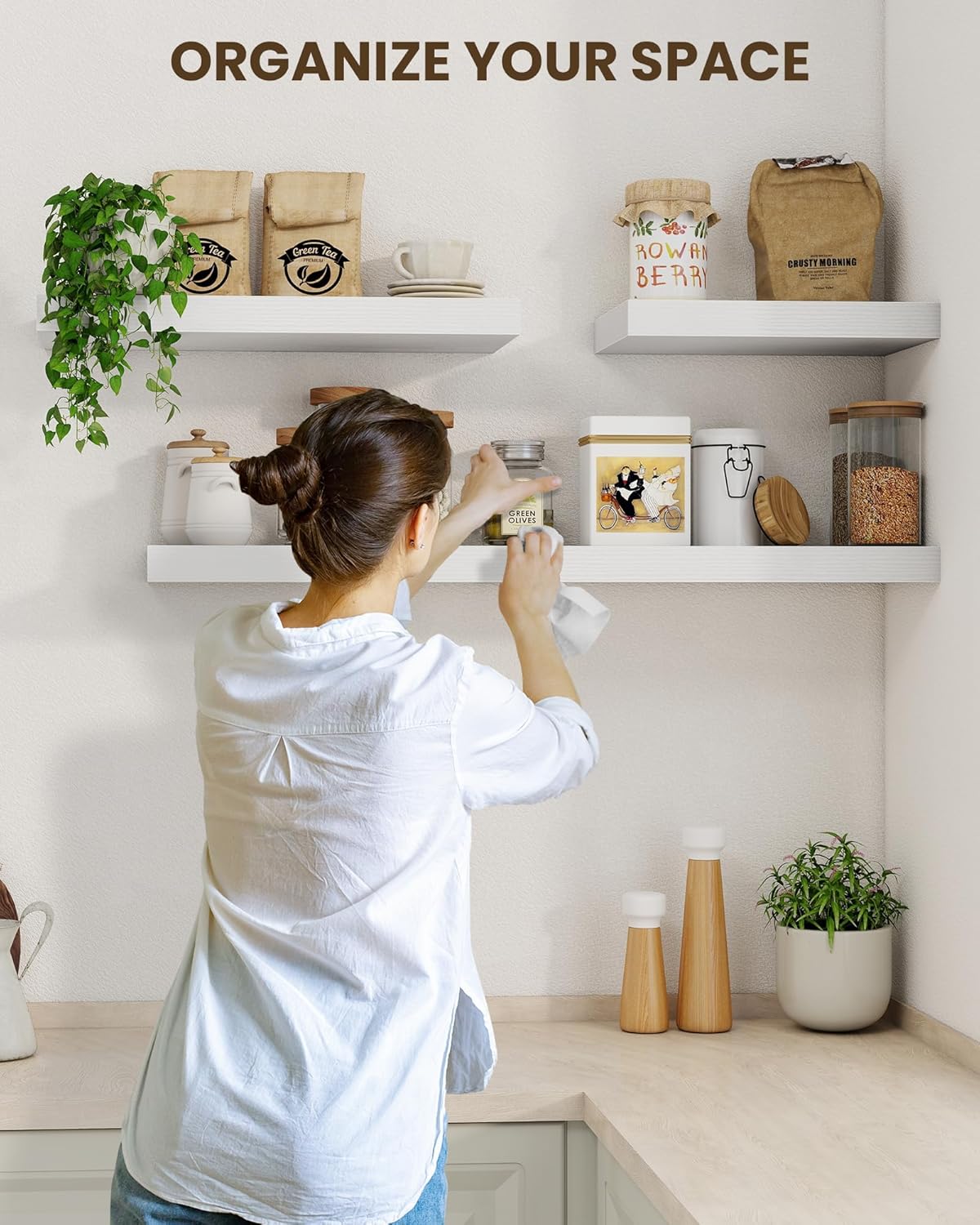 Marsmiles 6.7" Floating Shelves for Wall, Wooden Shelves with Invisible Brackets Set of 2, Rustic Farmhouse Wall Mounted Shelf for Kitchen Bathroom Living Room Study, White
