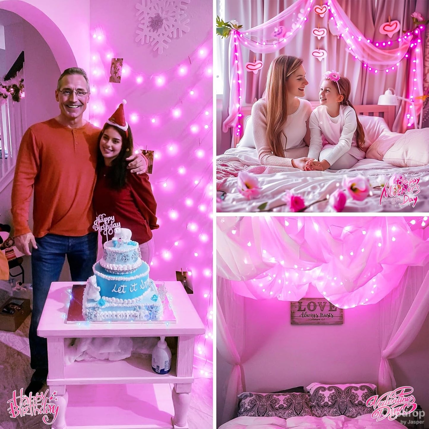 JMEXSUSS 100 LED Pink String Lights Indoor, Connectable Globe String Lights Plug in, 8 Modes 33ft Pink Christmas Fairy Light with Remote for Bedroom Girl's Room Dorm Anniversary Party Decor