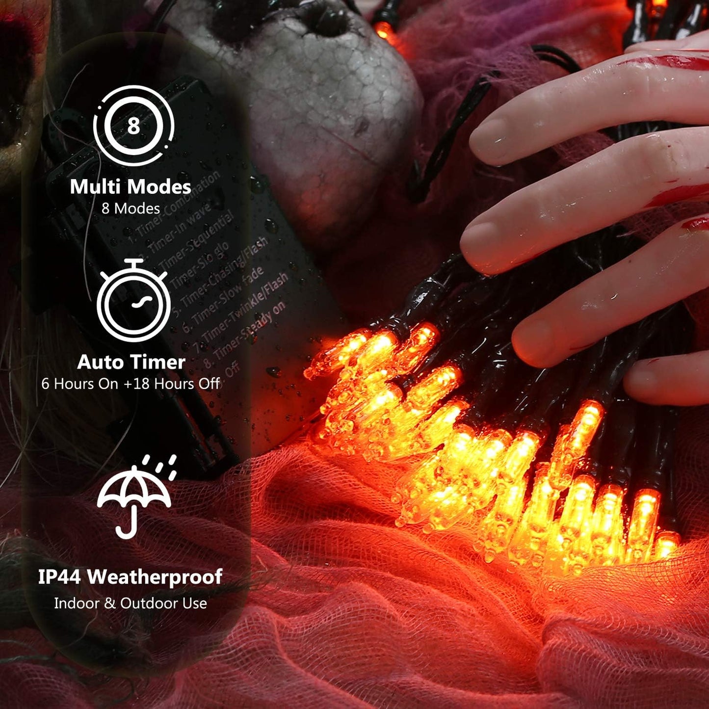 BrizLabs Orange Halloween Lights, 33ft 100 LED Battery Halloween Lights, 8 Modes Orange String Light with Timer, Indoor Outdoor Battery Light String for Party Xmas Thanksgiving Bedroom Patio Decor