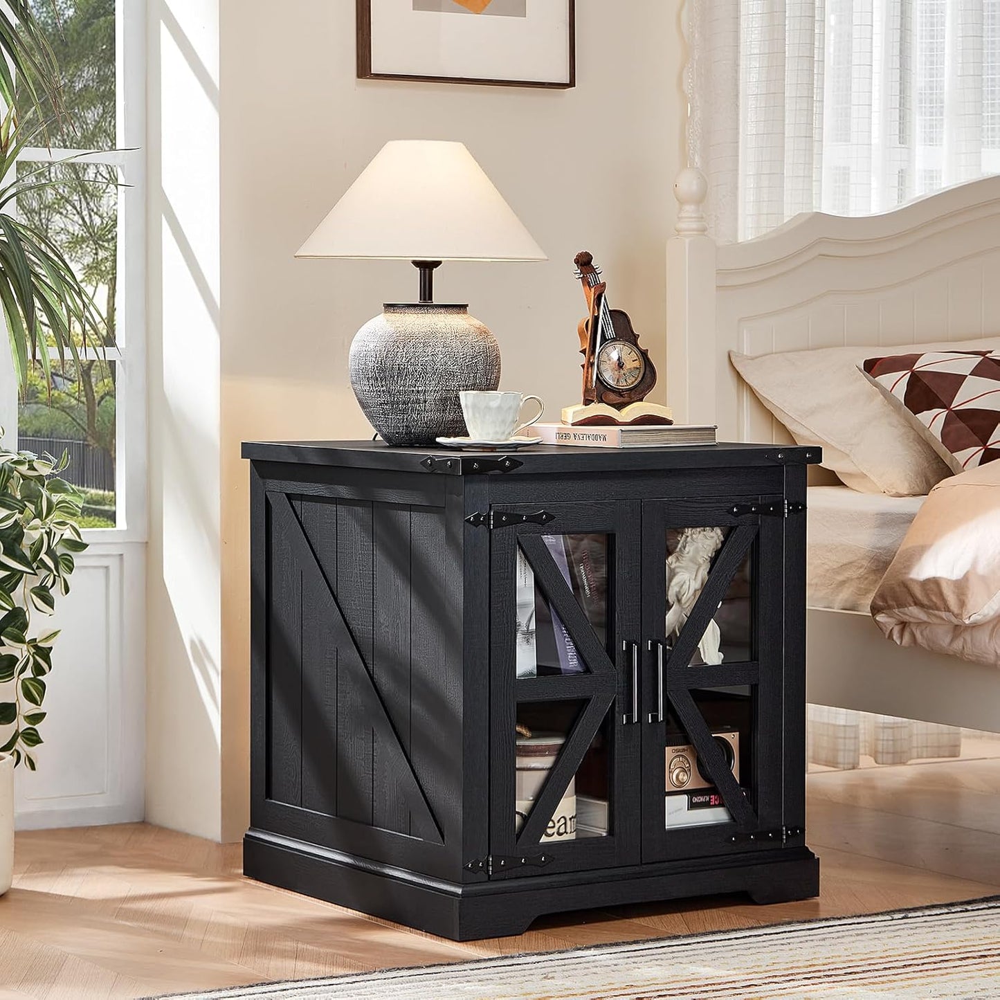 24" End Table with Charging Station, Farmhouse Night Stand with Glass Barn Door, Black Nightstands with Adjustable Storage Shelf, Large Wood Square Bed Side Table for Living Room,Bedroom
