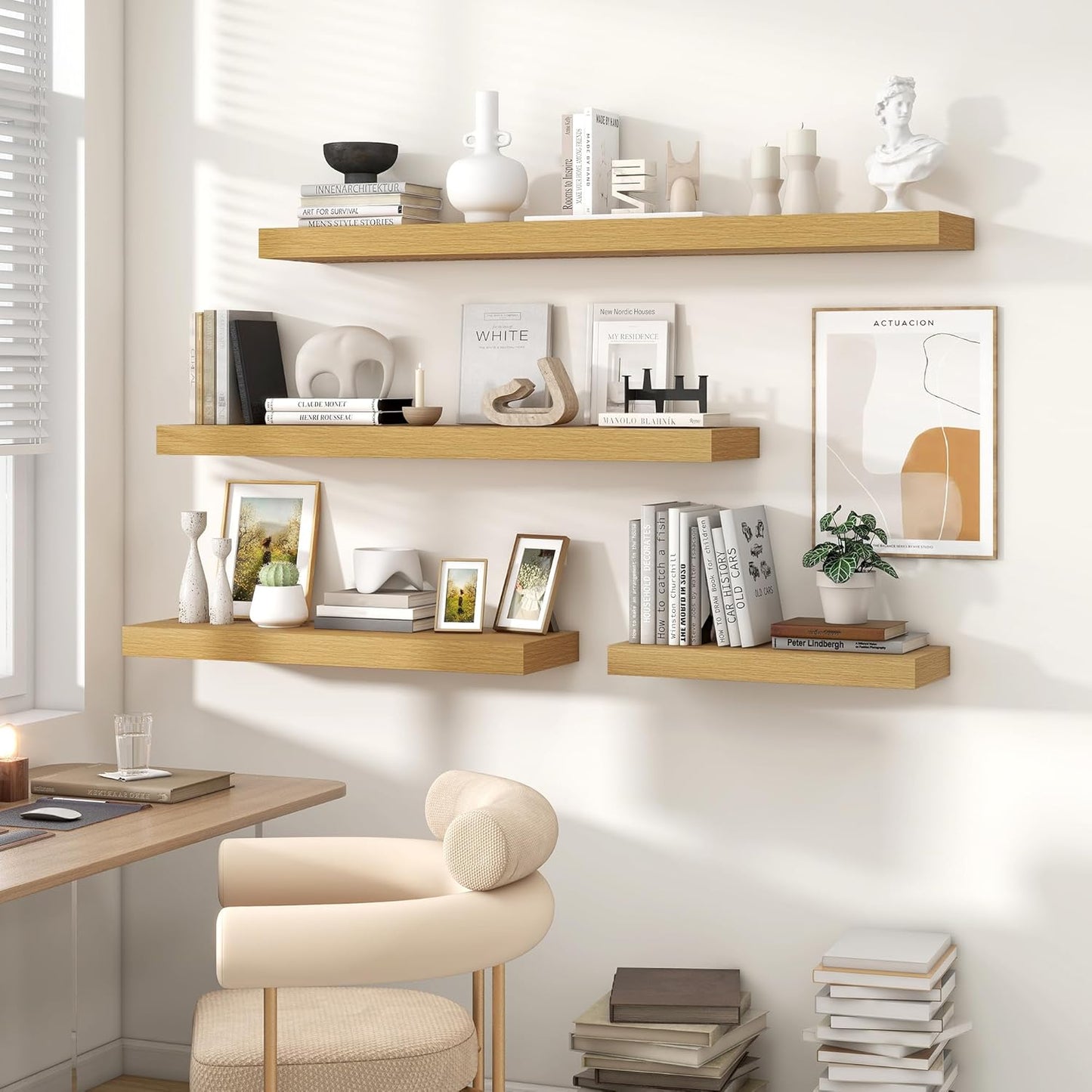 Heimlove 24 inch Floating Shelves for Wall,9.3 inch deep Bathroom Over Toilet Shelf,Wall Mounted Rustic Wood Shelves for,Bedroom,Living Room,Kitchen,Office Decor Set of 2-Oak Color