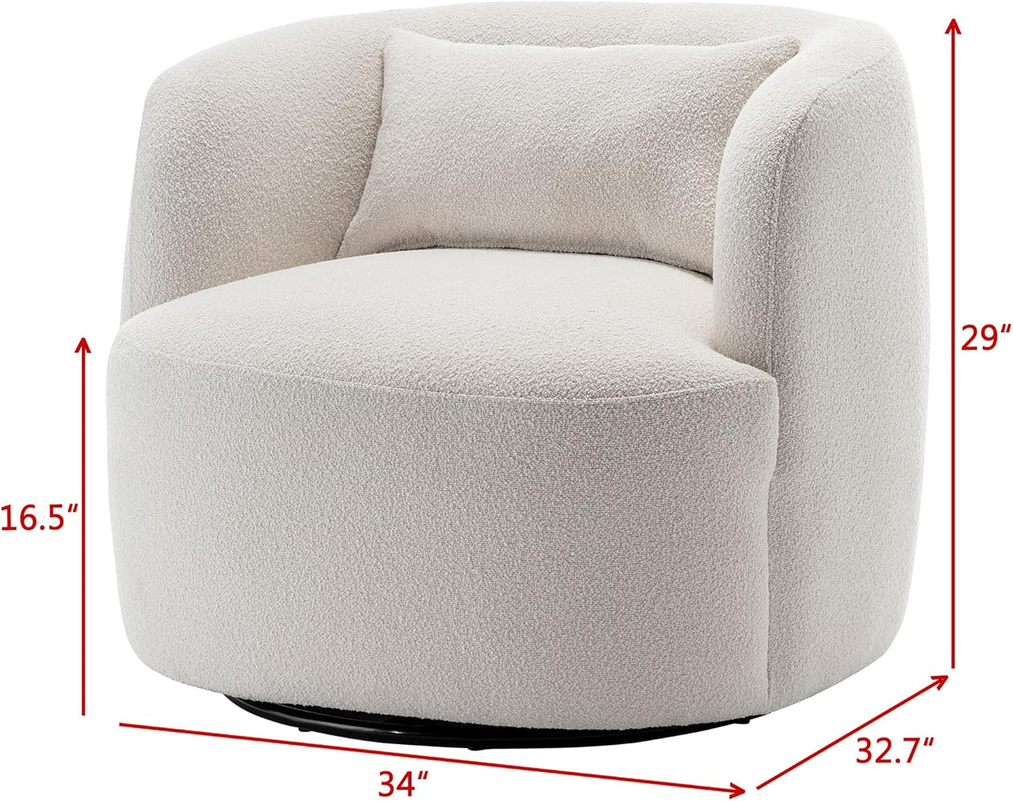 KINWELL 34" Wide Boucle Swivel Barrel Chairs Set of 2, No Assembly Round Upholstered Armchairs Accent Chairs Single Sofa Chair with Toss Pillow for Living Room and Bedroom, Beige