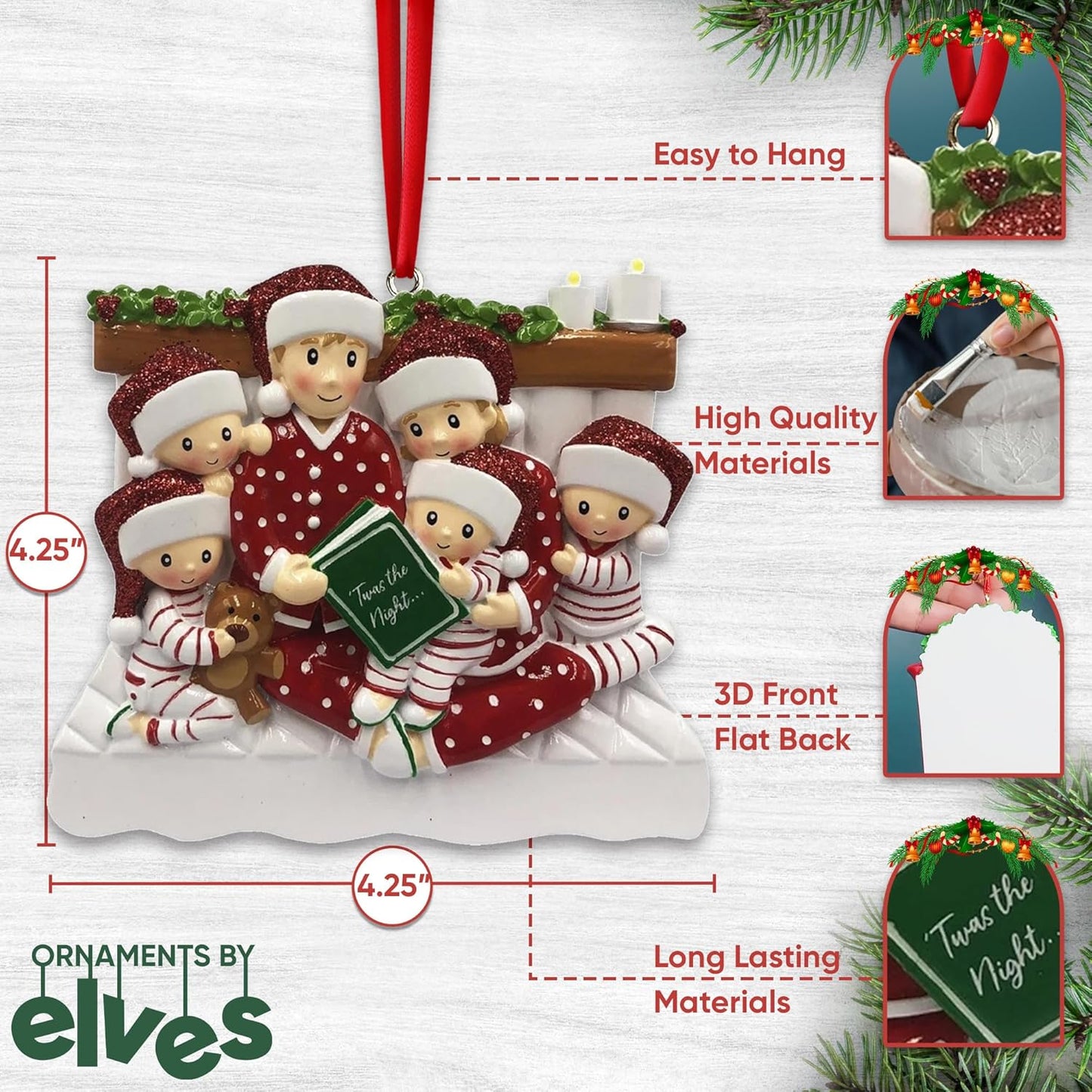 Bedtime Storytelling Family of 6 Christmas Ornament 2025 Personalized Family Christmas Ornaments 2025 | Holiday Reading Personalized Tree Ornaments Customizable Gifts Night and Book of Six Ornament