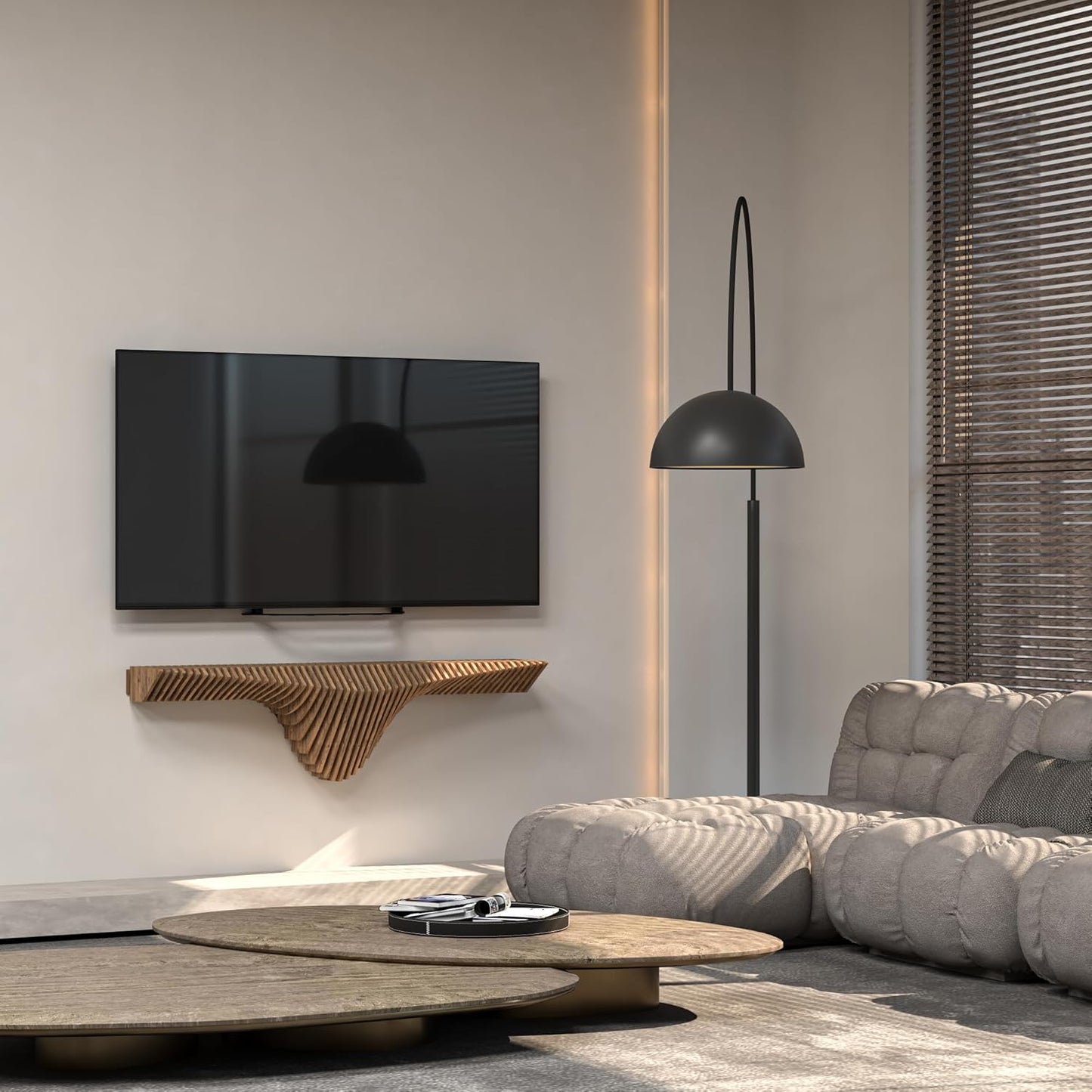 Parametric 50 inch Floating Shelf TV Unit Modern Geometric Wooden Wall Piece Decor Natural Oak Color 3D Wavy Living and Gaming Room Shelf