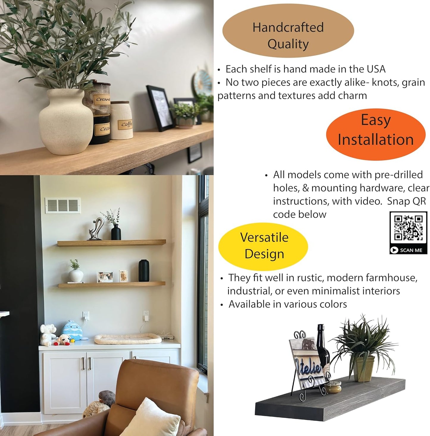 joelsantiques 72 Inch Wooden Floating Shelves for Wall - 72x6x2 in - Made of Natural Wood - Short Heavy Duty Rustic Wall Shelves for Bedroom - Perfect for Bathroom, Kitchen - Beige